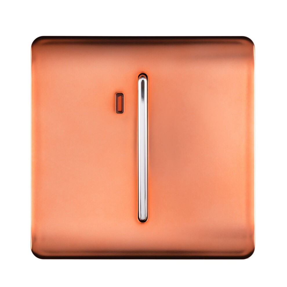 Glossy copper light switch with a sleek, modern design, featuring a tactile slider and a small neon insert for visibility.