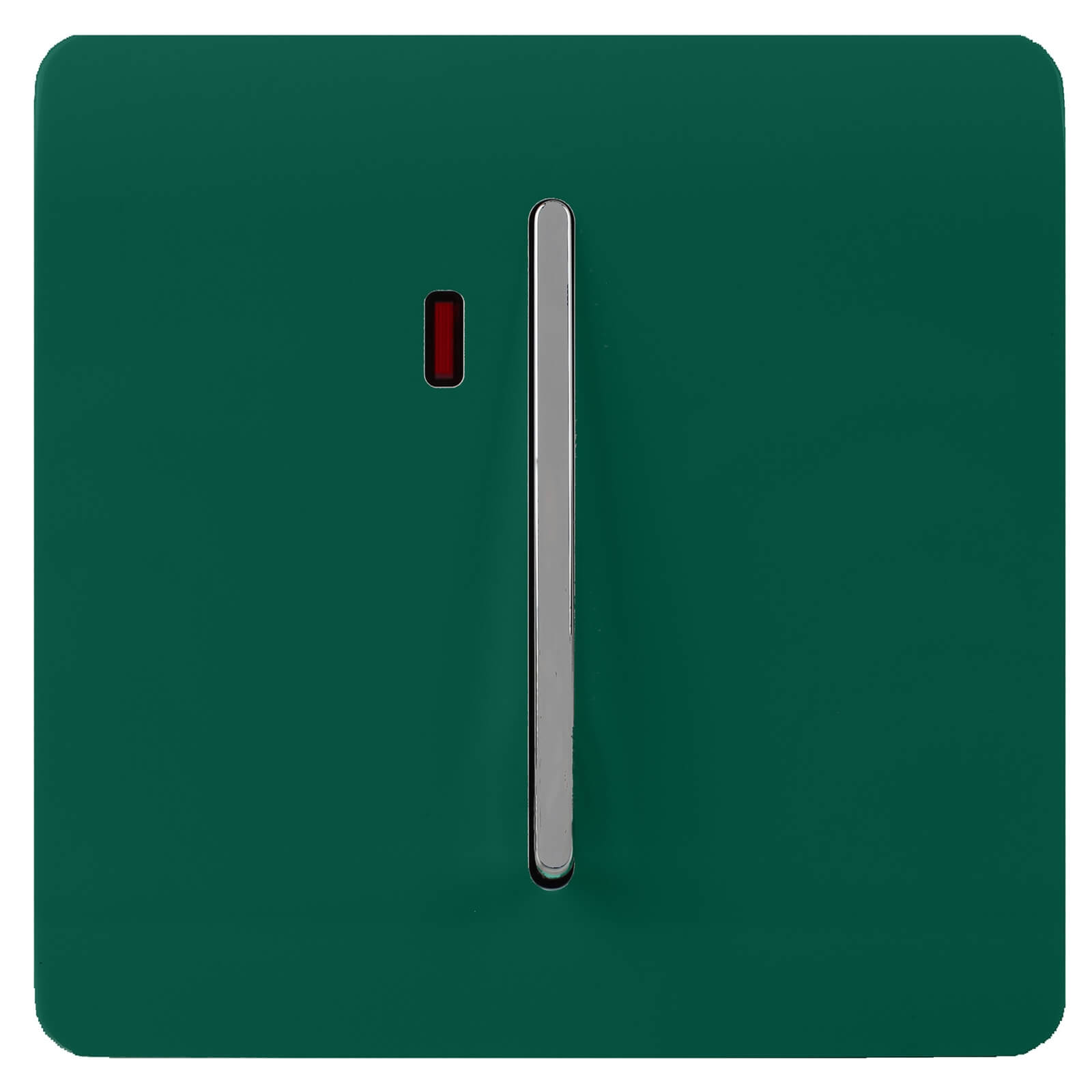 Dark green glossy tactile light switch with a sleek chrome lever and a small red neon insert, designed for a modern aesthetic.