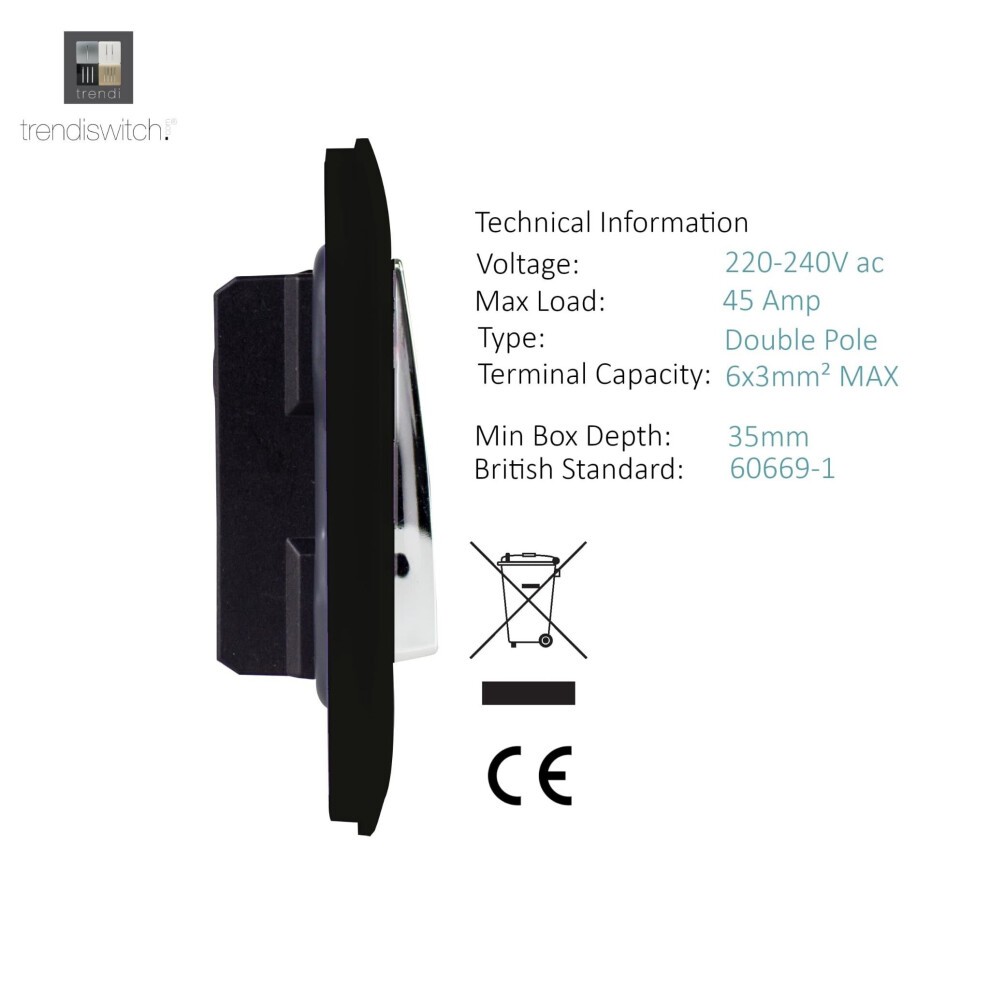 Trendi Switch 1 Gang 45amp Matt Black Cooker Switch with Neon - image 2