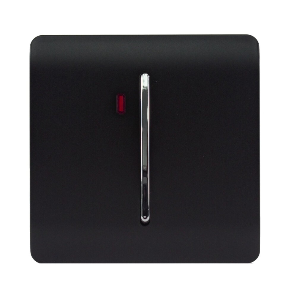 Matt black light switch with a sleek design, featuring a chrome toggle and a small red neon insert for visibility.