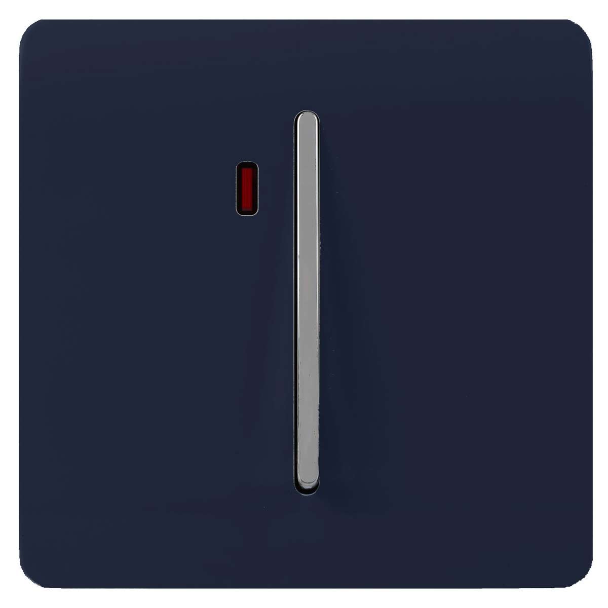 Navy blue 45 Amp switch with a sleek chrome lever and a small red neon indicator, designed for modern electrical installations.