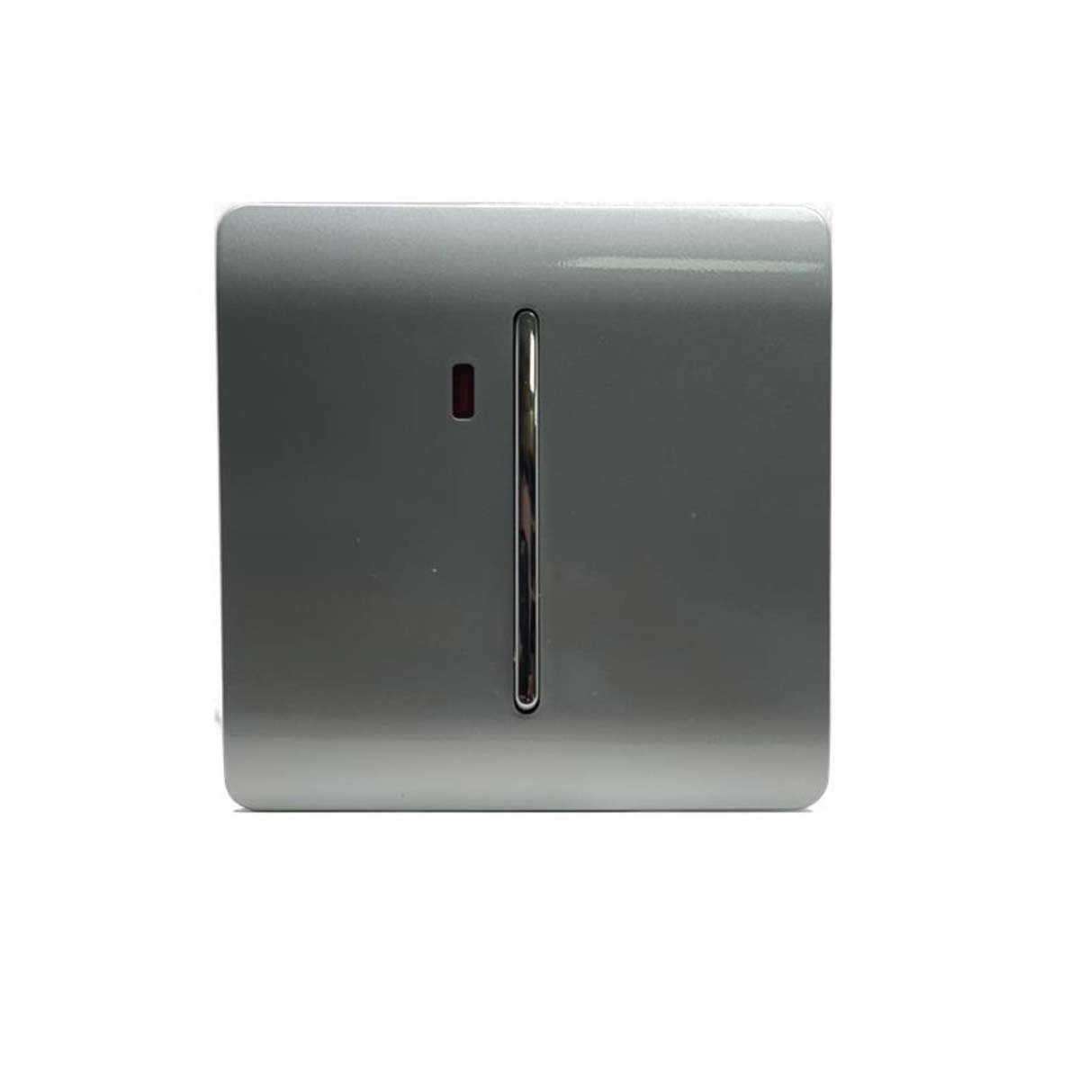 Silver 45 Amp switch with a sleek design, featuring a neon indicator light and a smooth, glossy finish, ideal for modern electrical installations.