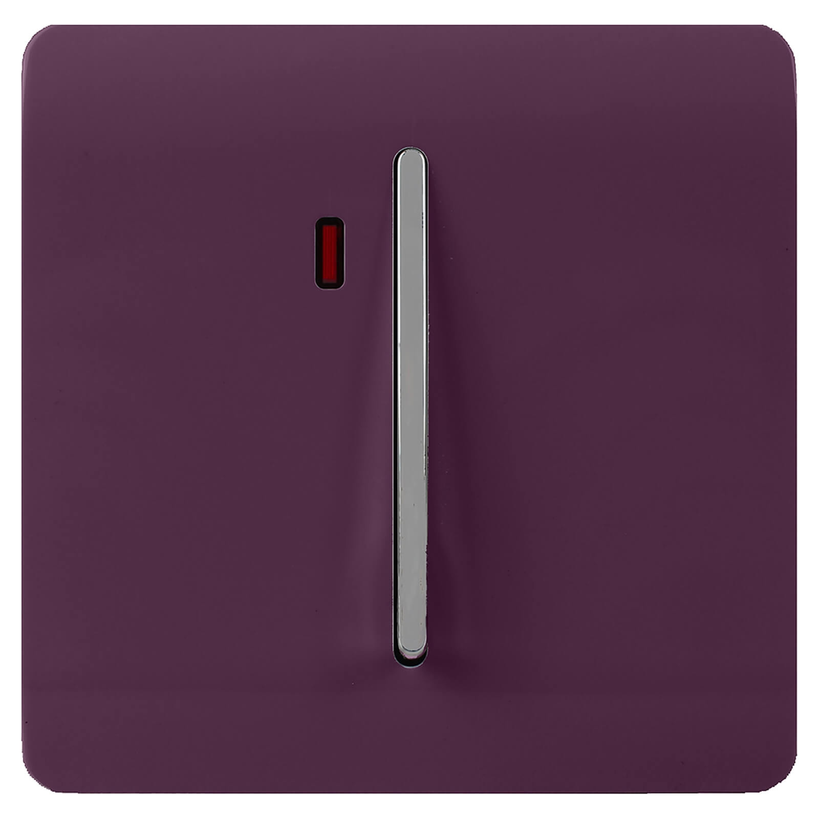 Glossy plum tactile light switch with a sleek chrome lever and a small red neon insert, designed for a modern aesthetic by Trendi Switch.