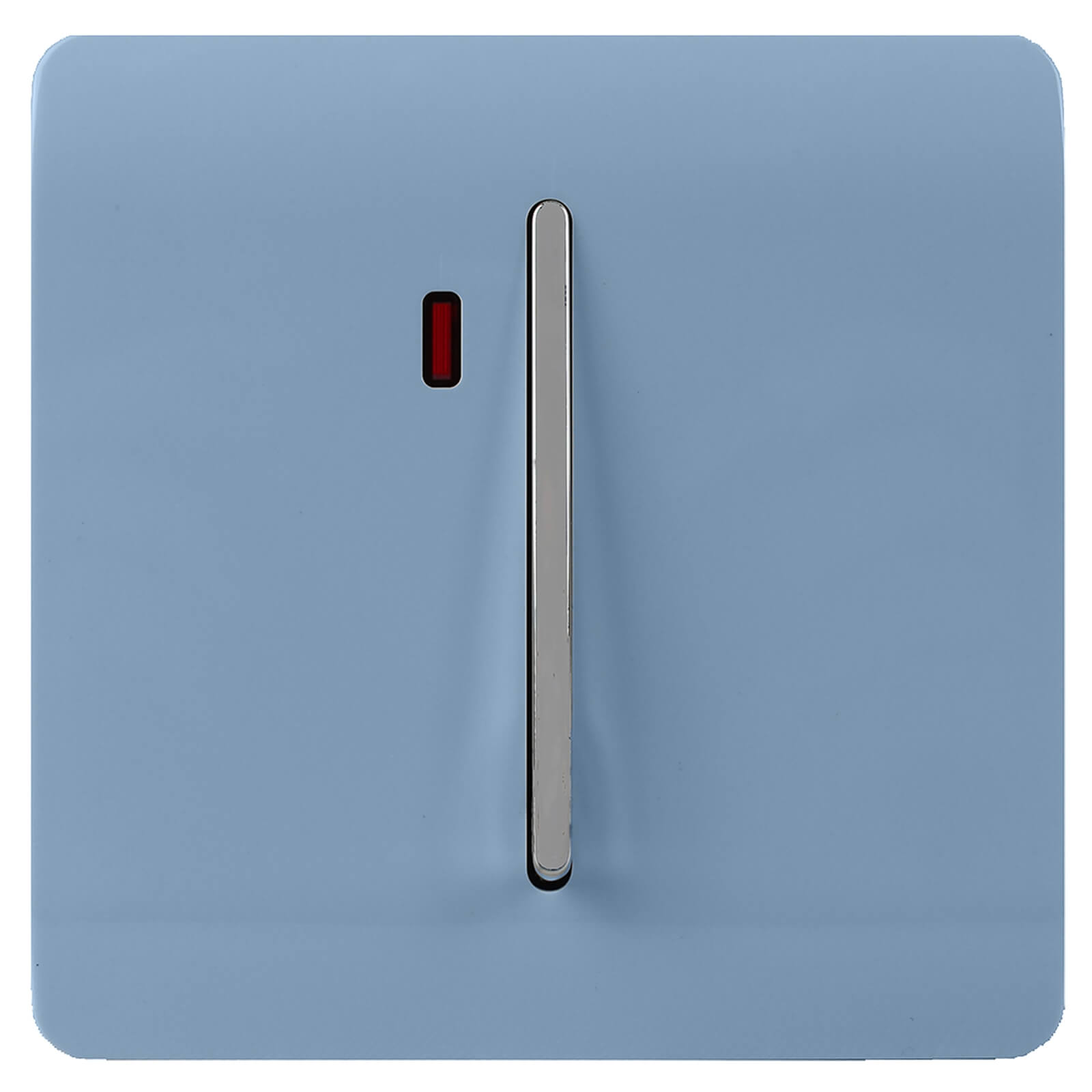 Glossy light switch in soft sky blue with a sleek chrome toggle and a small red neon insert, featuring a modern artistic design.