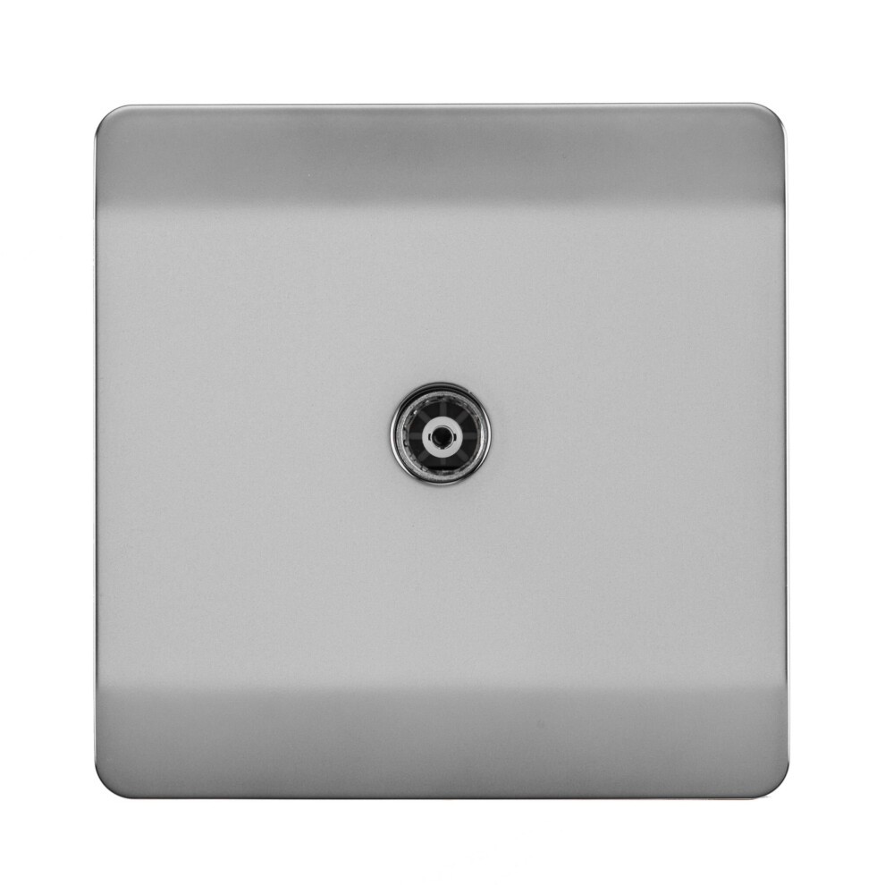 Glossy stainless steel TV socket with a sleek square design, featuring a central connection point, ideal for modern home interiors.