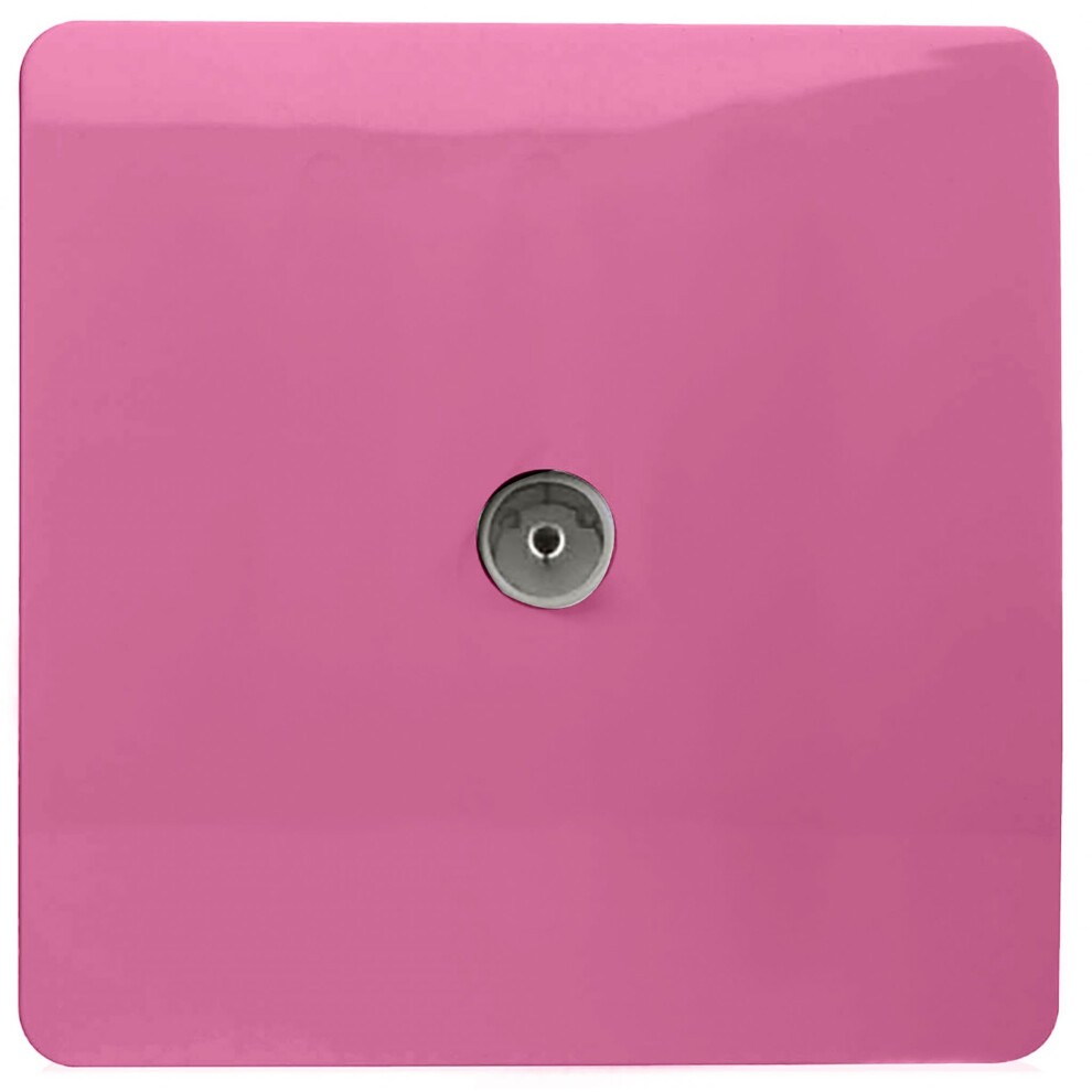 Glossy pink tactile TV socket with a sleek square design and a central silver connector, showcasing a modern artistic aesthetic.