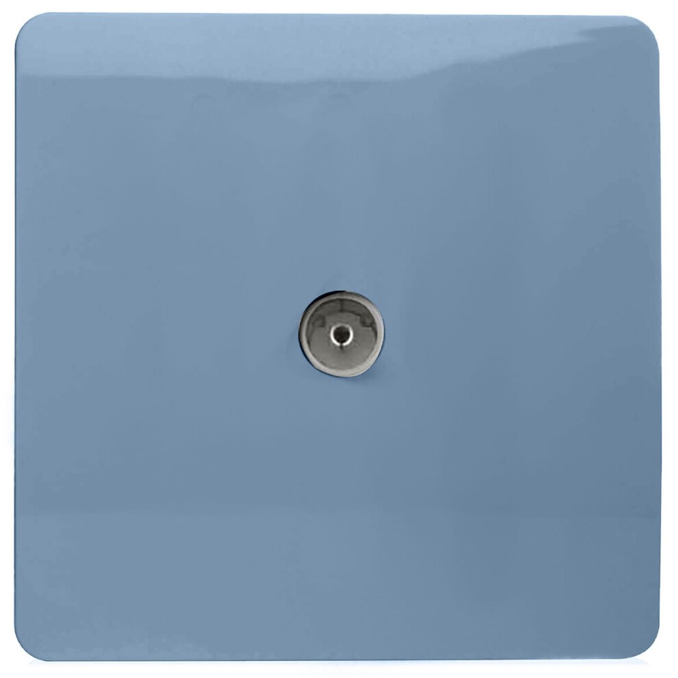 Glossy sky blue tactile TV socket with a sleek square design and a central metallic connector, showcasing a modern artistic style by Trendi Switch.