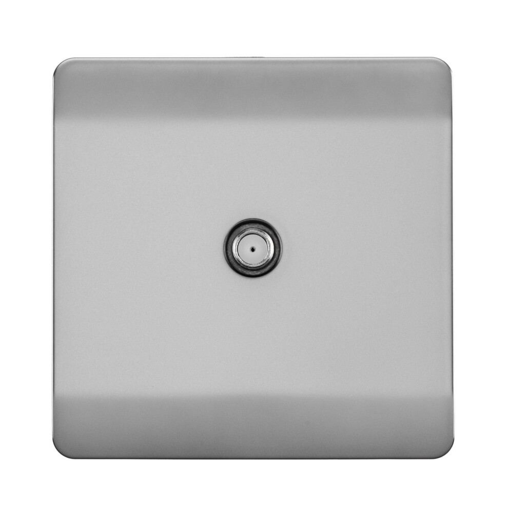 Glossy stainless steel television satellite socket with a screwless design, featuring a single gang and a minimalist square shape.