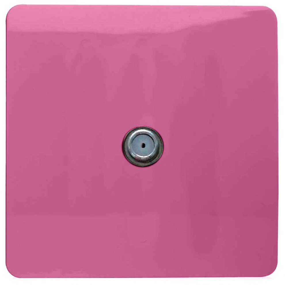 Glossy pink screwless television satellite socket with a central metal connector, featuring a modern artistic design by Trendi Switch.