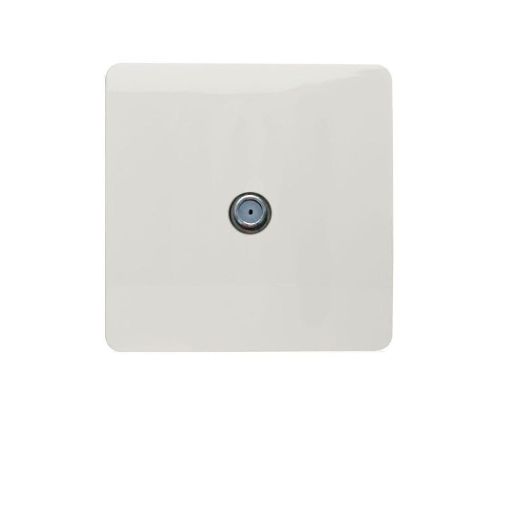 Glossy white screwless television satellite socket with a circular connector in the center, featuring a modern and artistic design by Trendi Switch.
