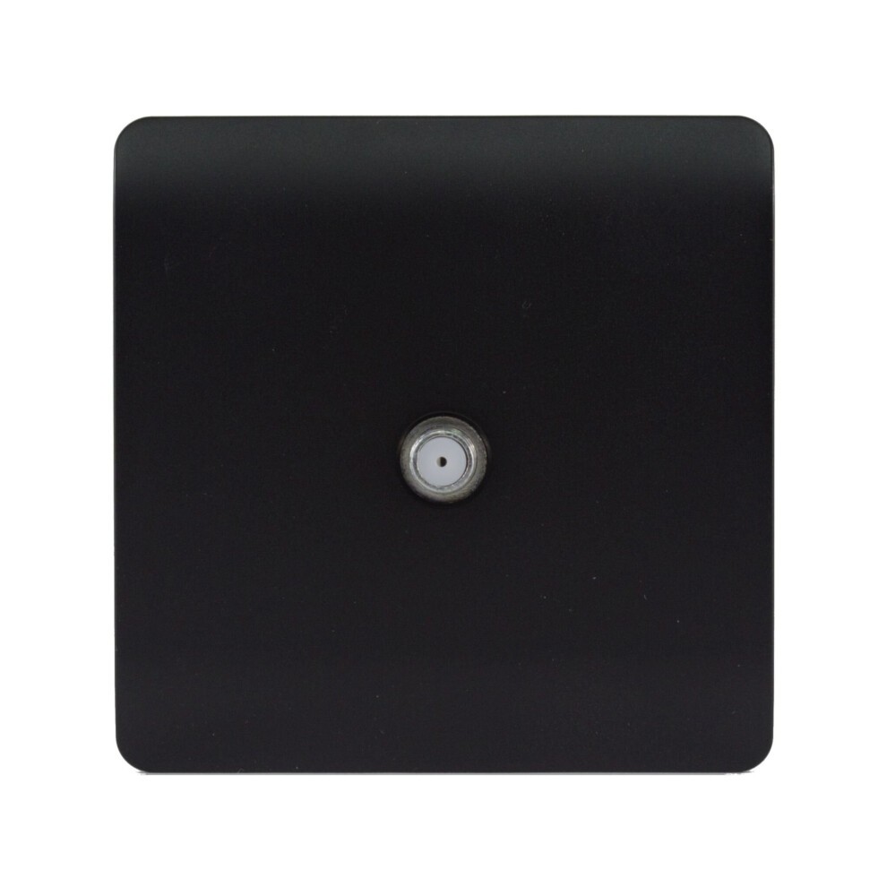 Screwless television satellite socket in a sleek matt black finish, featuring a minimalist square design and a central connection point.