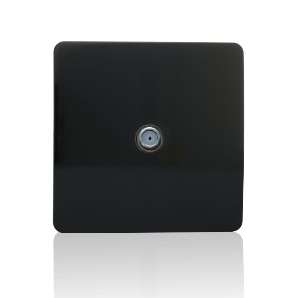Glossy black screwless socket featuring a central television satellite connection, designed with a modern artistic aesthetic for a sleek finish.