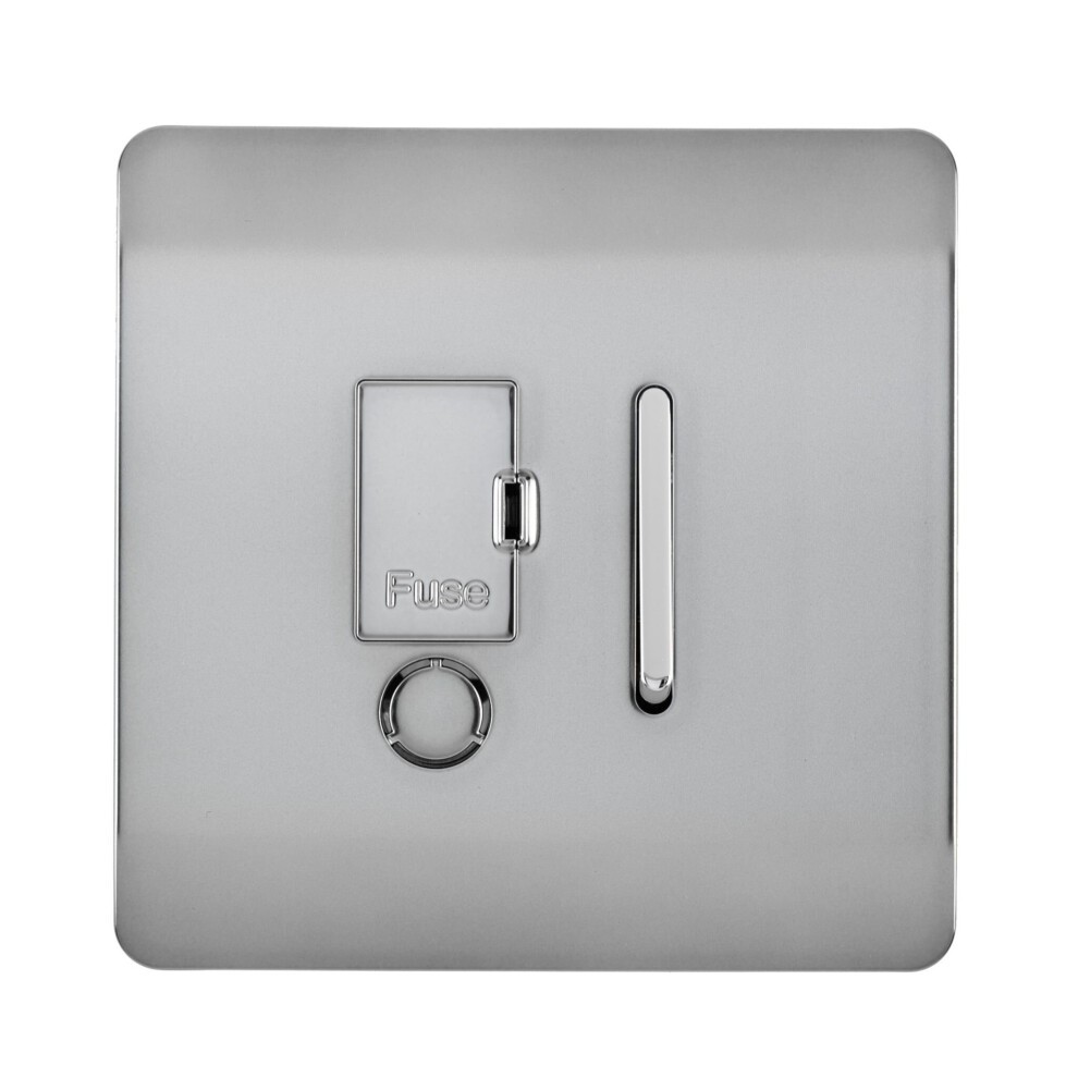 Glossy stainless steel fused spur switch with a tactile surface, featuring a rectangular switch and a circular indicator, designed for modern interiors.