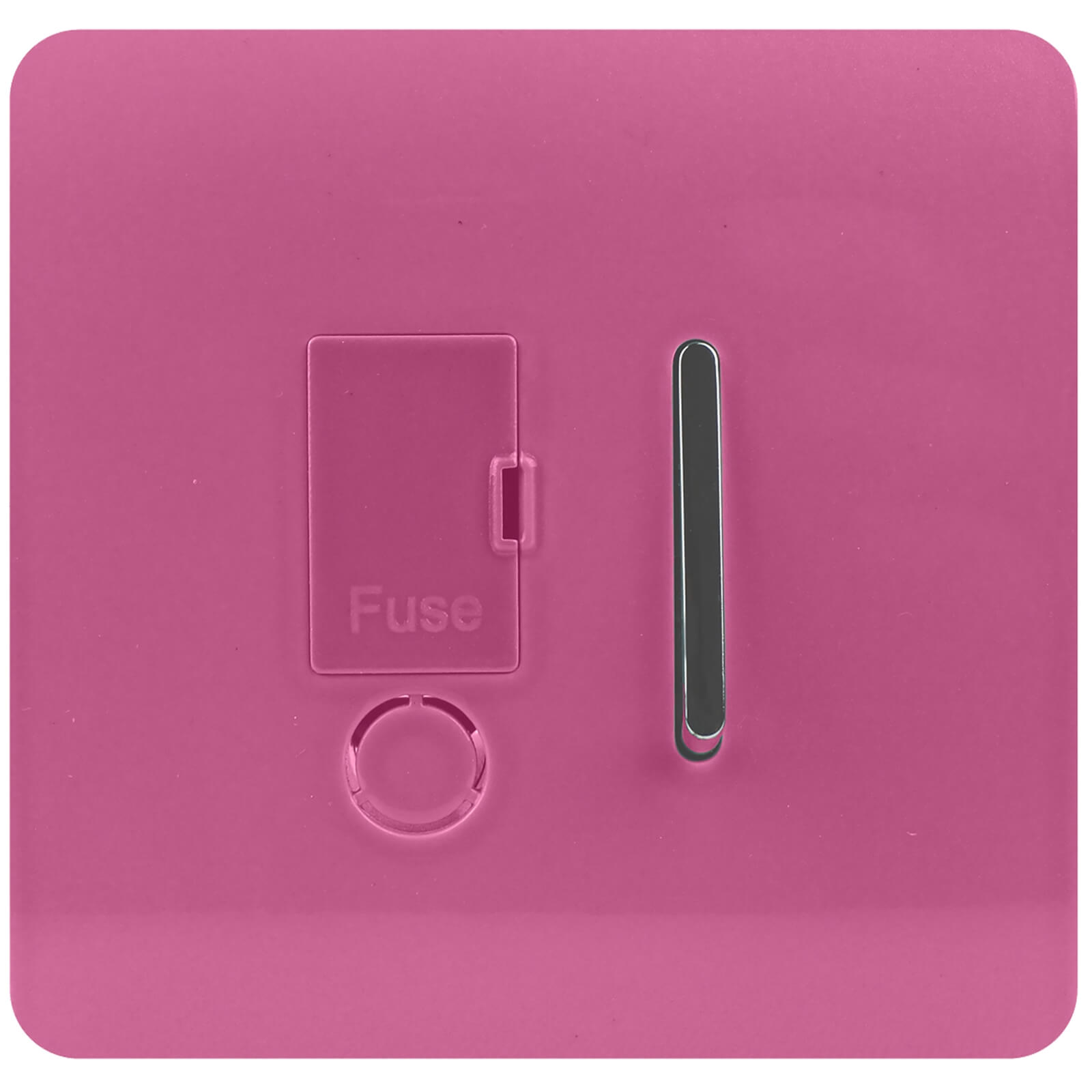 Glossy pink fused spur switch with a tactile surface, featuring a rectangular fuse compartment and a sleek, narrow switch lever.
