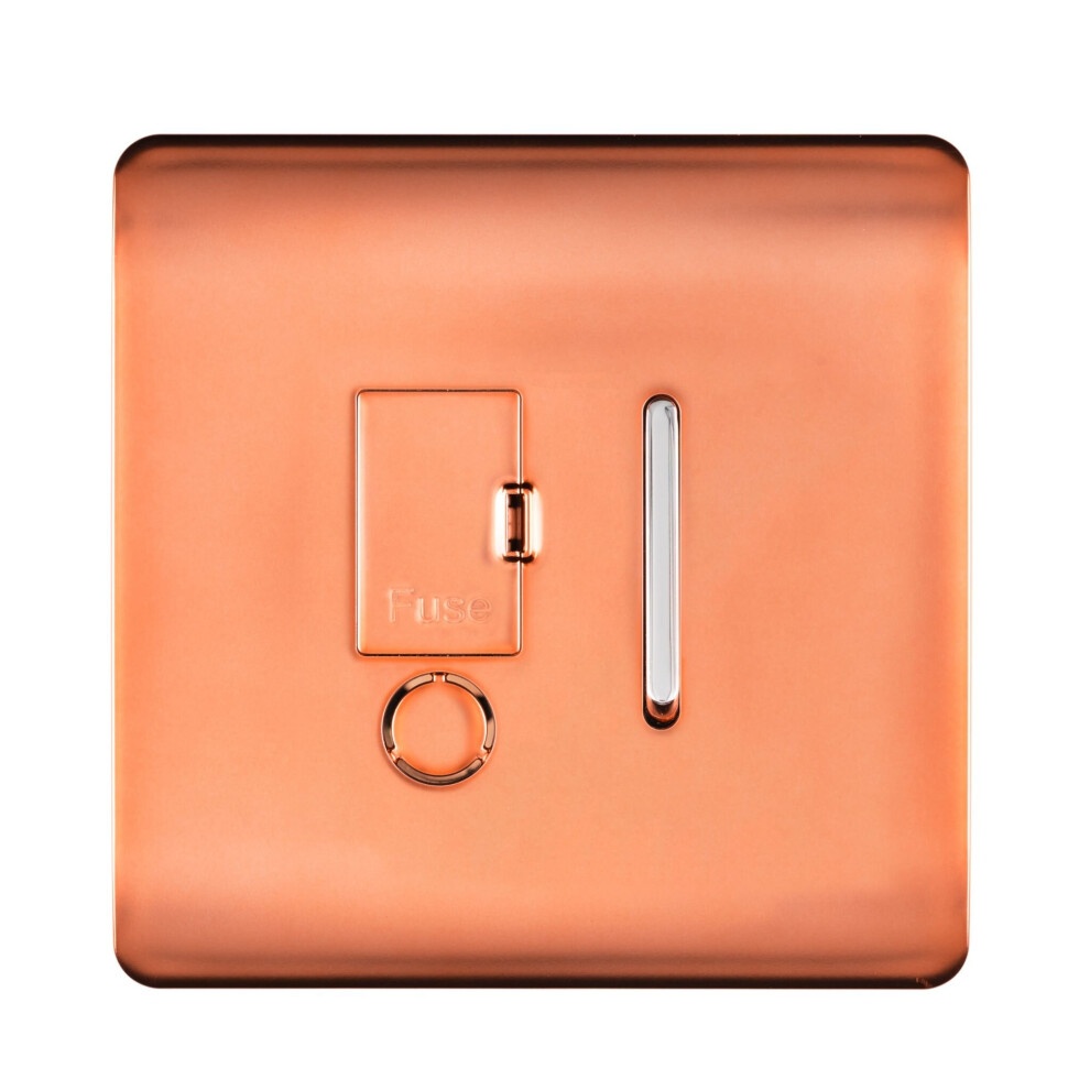 Glossy copper square switch with a tactile fused spur, featuring a small rectangular switch and a circular ring, showcasing a modern artistic design.