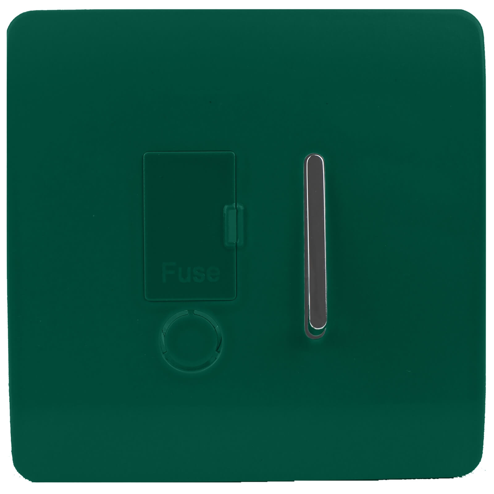 Glossy dark green tactile fused spur switch featuring a sleek design, a silver lever, and a clear "Fuse" label on the side.