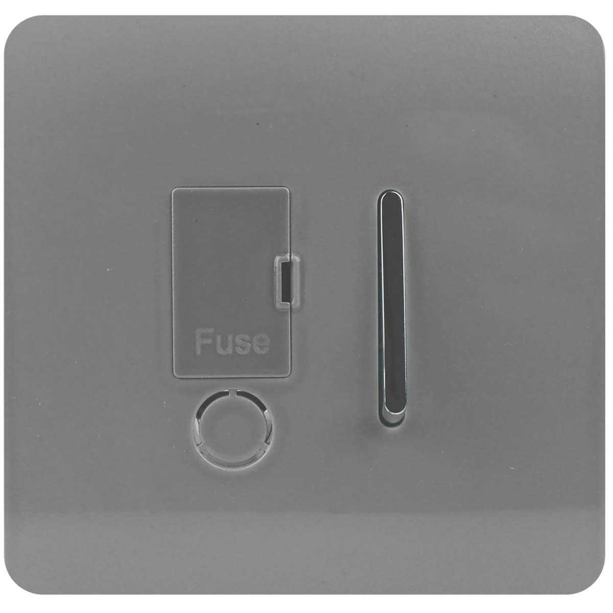 Light grey, glossy fused spur switch with a tactile surface, featuring a rectangular fuse compartment and a vertical slot for easy access.