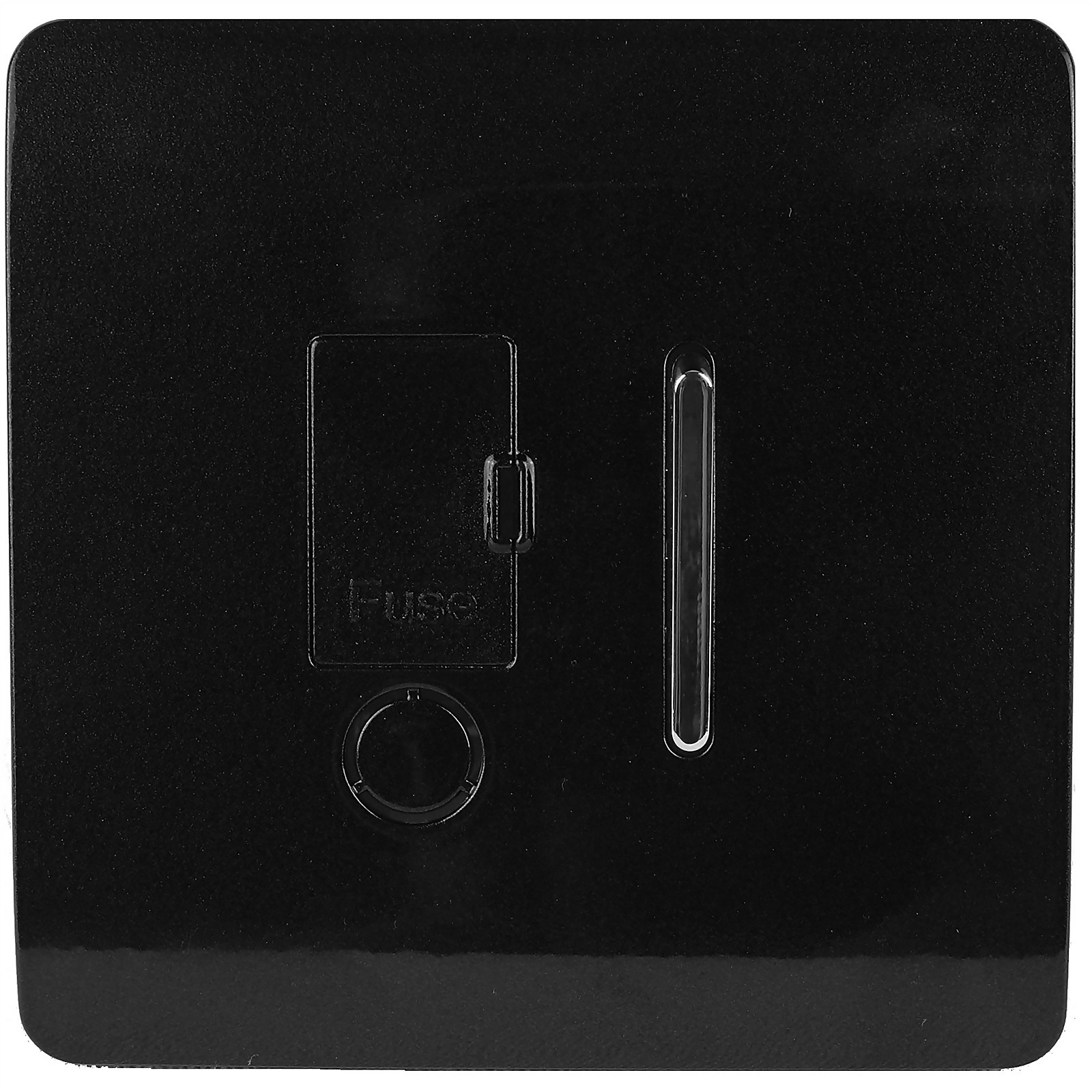 Matt black fused spur switch with a tactile surface, featuring a rectangular fuse compartment and a vertical switch, designed for modern interiors.