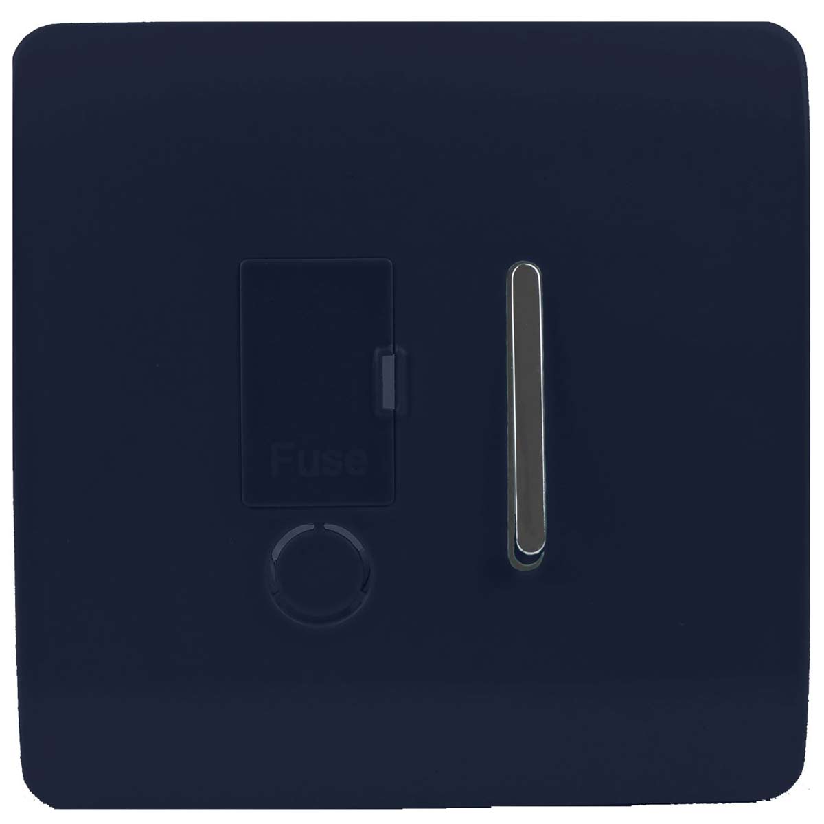 Navy blue 13 Amp fused spur switch with a sleek design, featuring a clear fuse compartment and a metallic switch lever for easy operation.