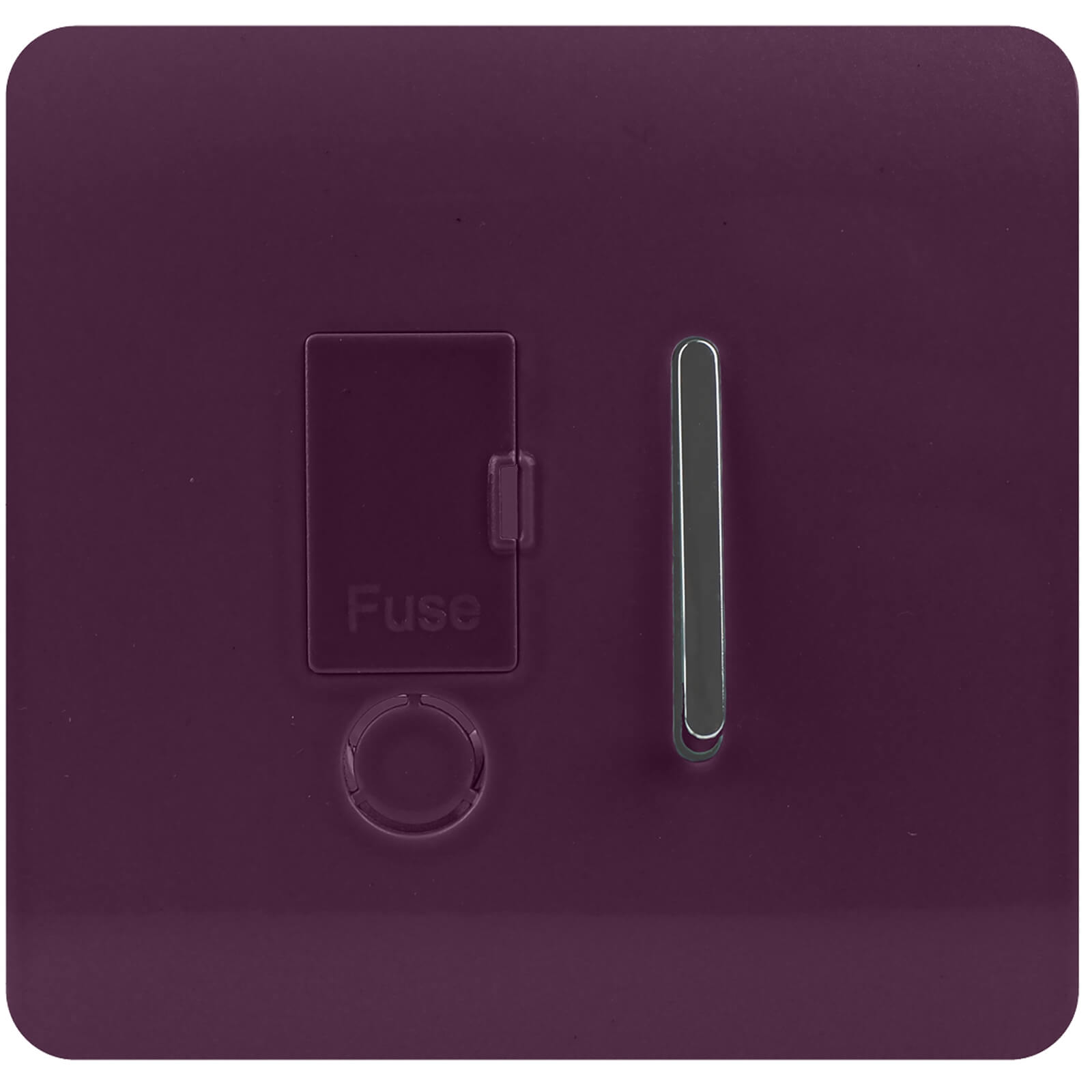 Glossy plum-colored fused spur switch with a tactile surface, featuring a rectangular fuse compartment and a sleek, metallic switch lever.