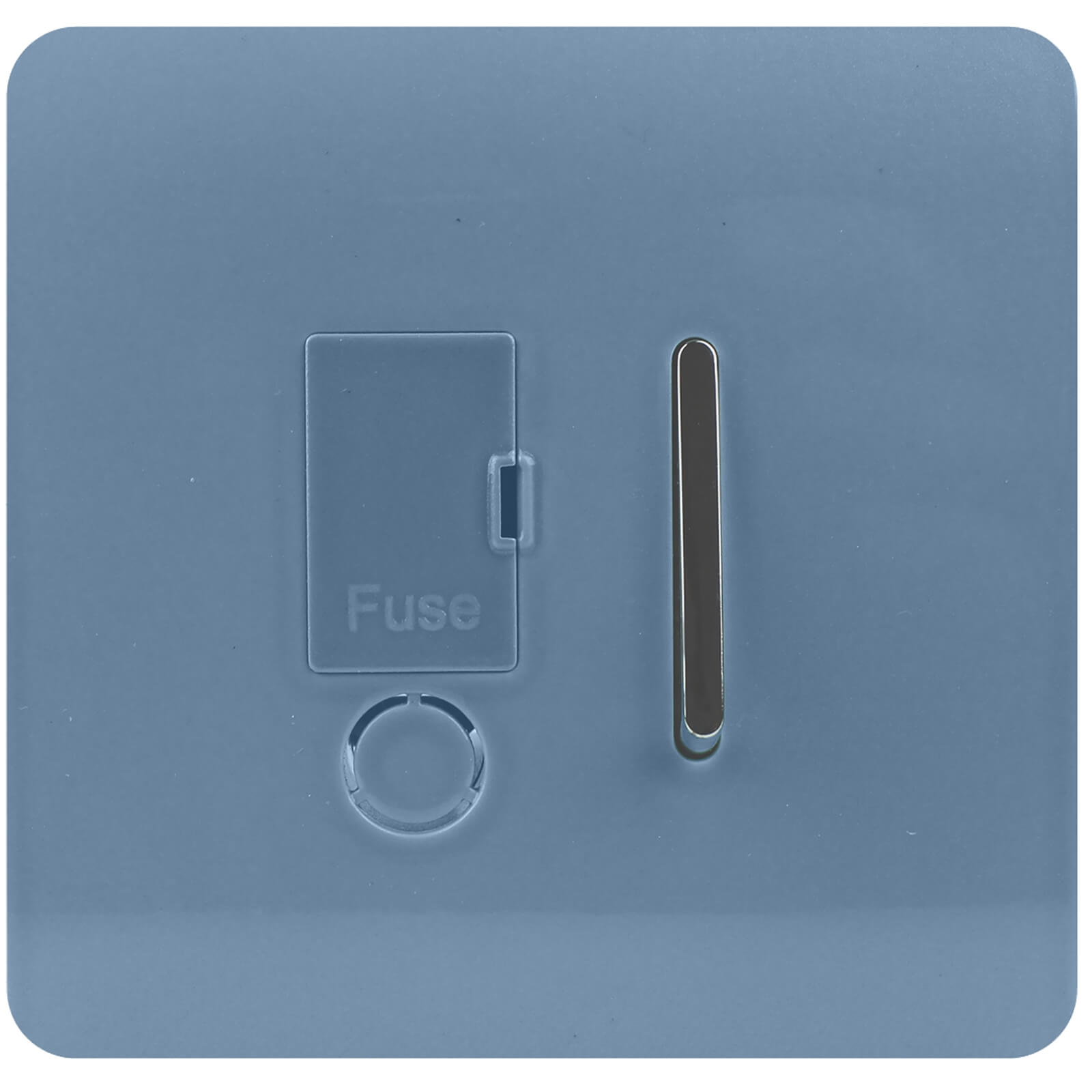 Glossy sky-blue fused spur switch with a tactile surface, featuring a small rectangular fuse compartment and a vertical slot for easy operation.