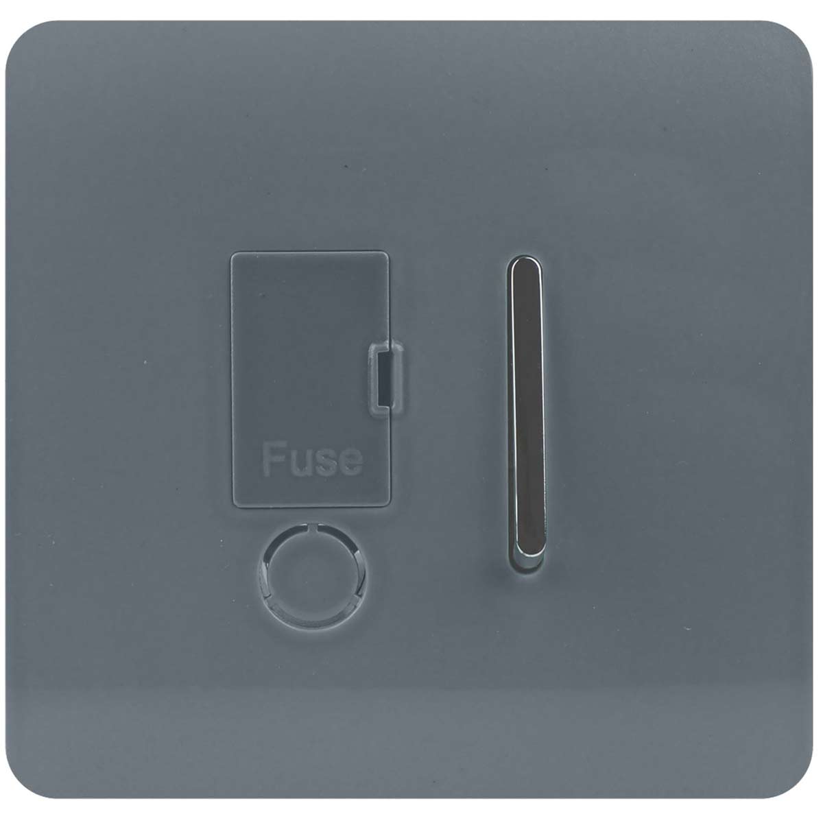Warm grey 13 Amp fused spur switch with a sleek, matte finish, featuring a fuse compartment and a slim vertical slot for easy access.