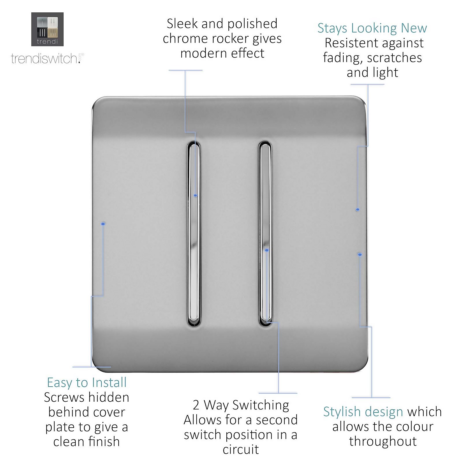 Trendi Switch 2 Gang 10amp 1 or 2 Way Brushed Steel Rocker Light Switch - image 2
