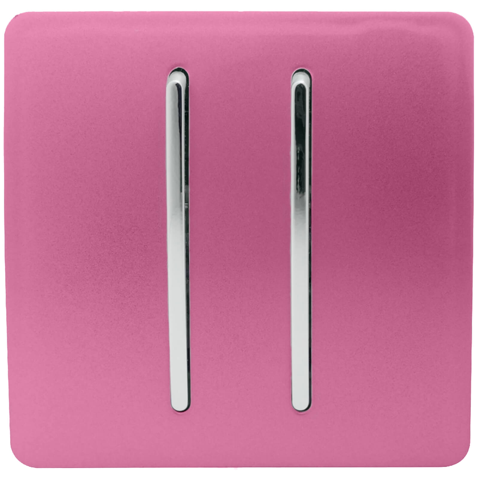 Glossy pink 2-gang tactile light switch featuring two sleek silver rocker switches, designed for modern artistic interiors, with a 10 Amp rating.