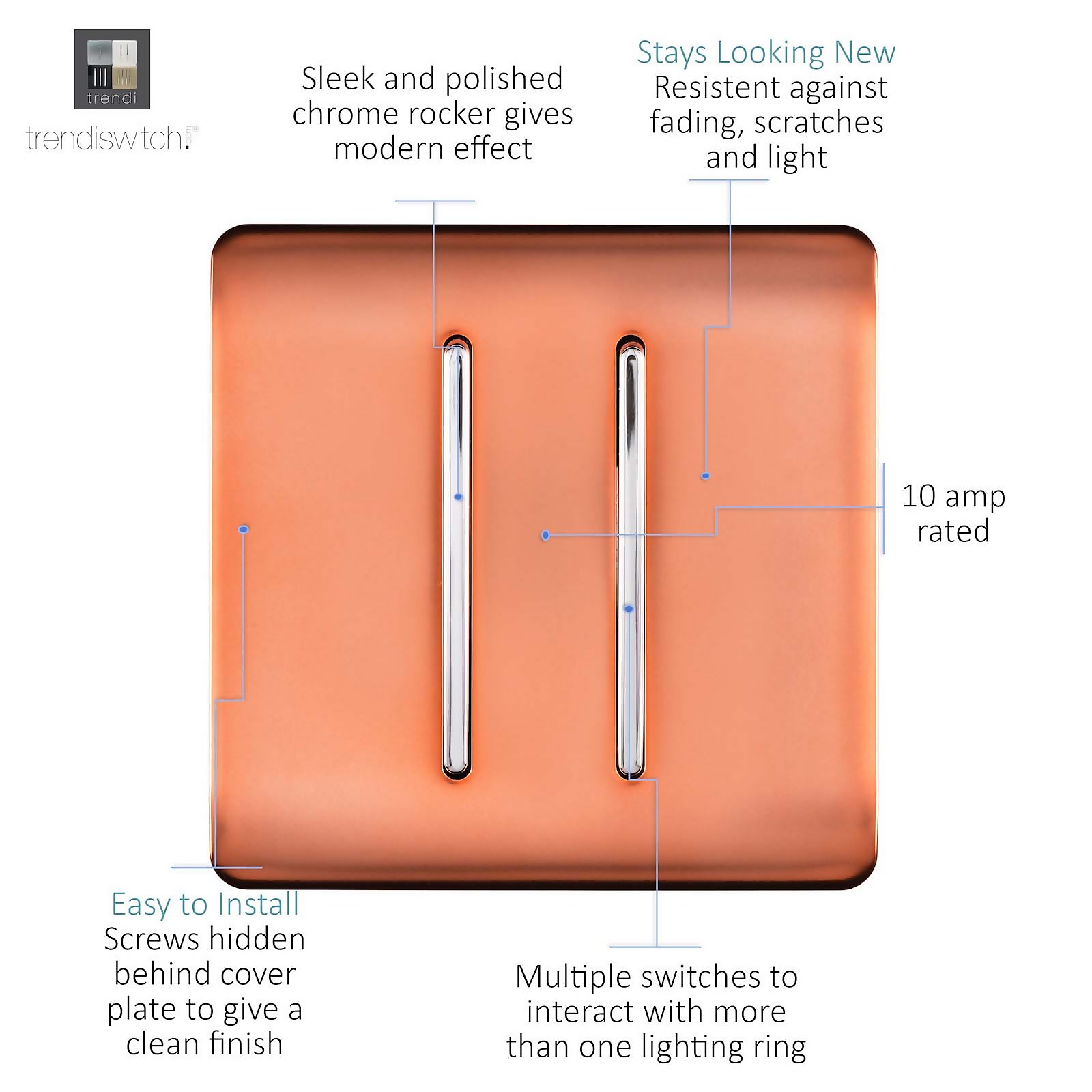Trendi Switch 2 Gang 10amp 1 or 2 Way Copper Rocker Light Switch - image 2