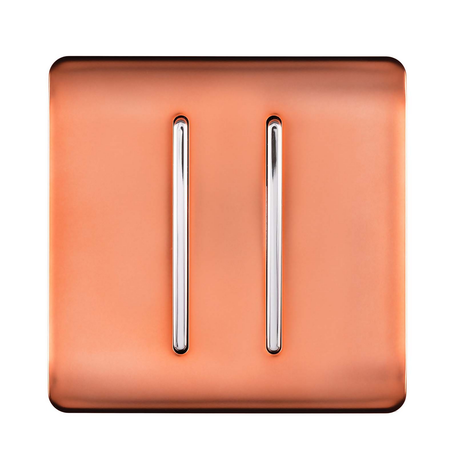 Copper 2-gang light switch with a sleek, glossy finish and two chrome toggle switches, designed for 10A use, showcasing a modern and elegant aesthetic.