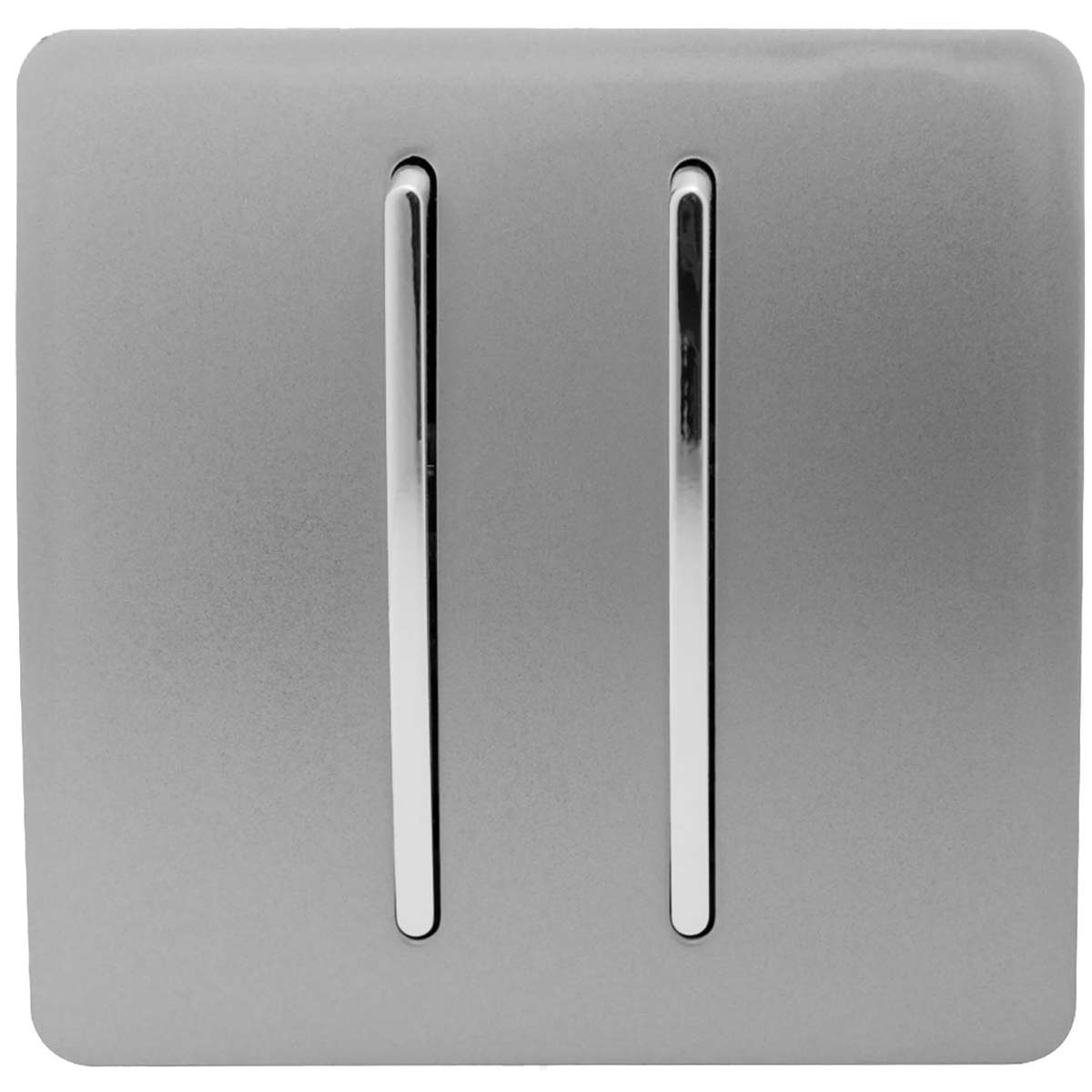 Light grey, glossy 2-gang rocker tactile light switch with two sleek chrome toggles, designed for modern interiors, featuring a minimalist aesthetic.