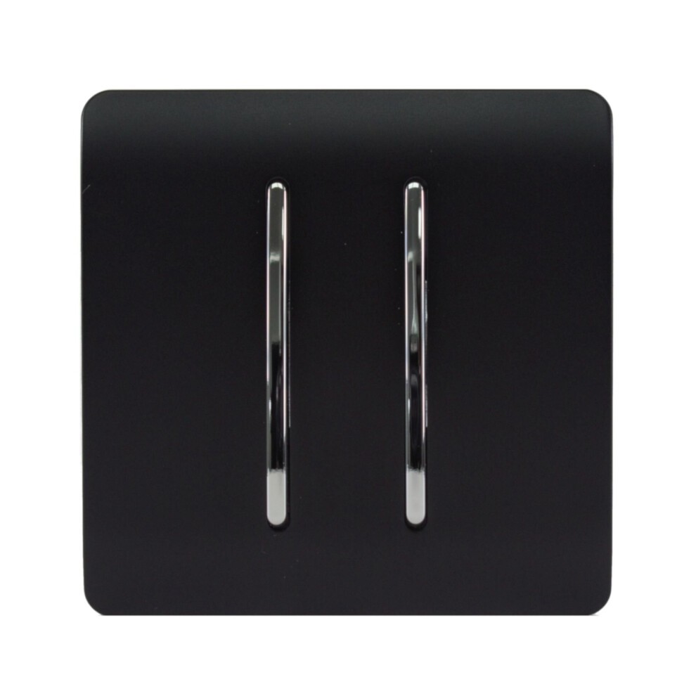 Matt black rocker light switch with two chrome toggles, featuring a modern design and a sleek finish, suitable for 10 Amp applications.