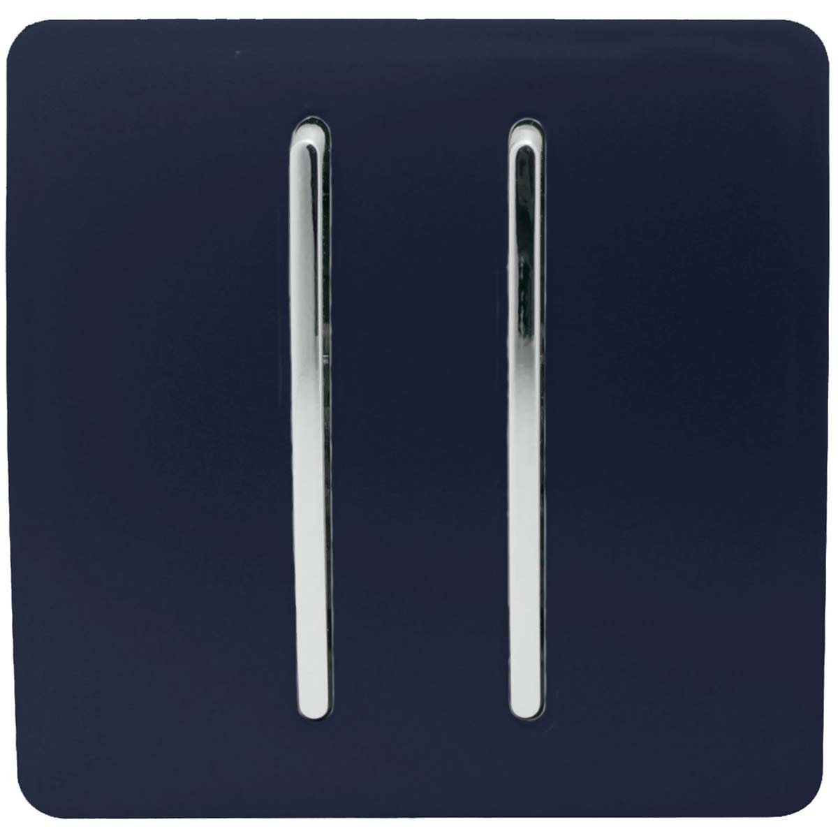 Navy blue 2 gang 2 way light switch with a glossy finish and two sleek chrome toggle switches, designed for 10 amp usage.