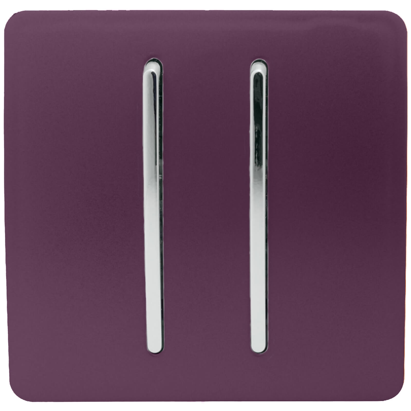 Glossy plum-colored 2-gang rocker light switch with two tactile chrome toggles, designed for modern interiors and rated at 10 amps.