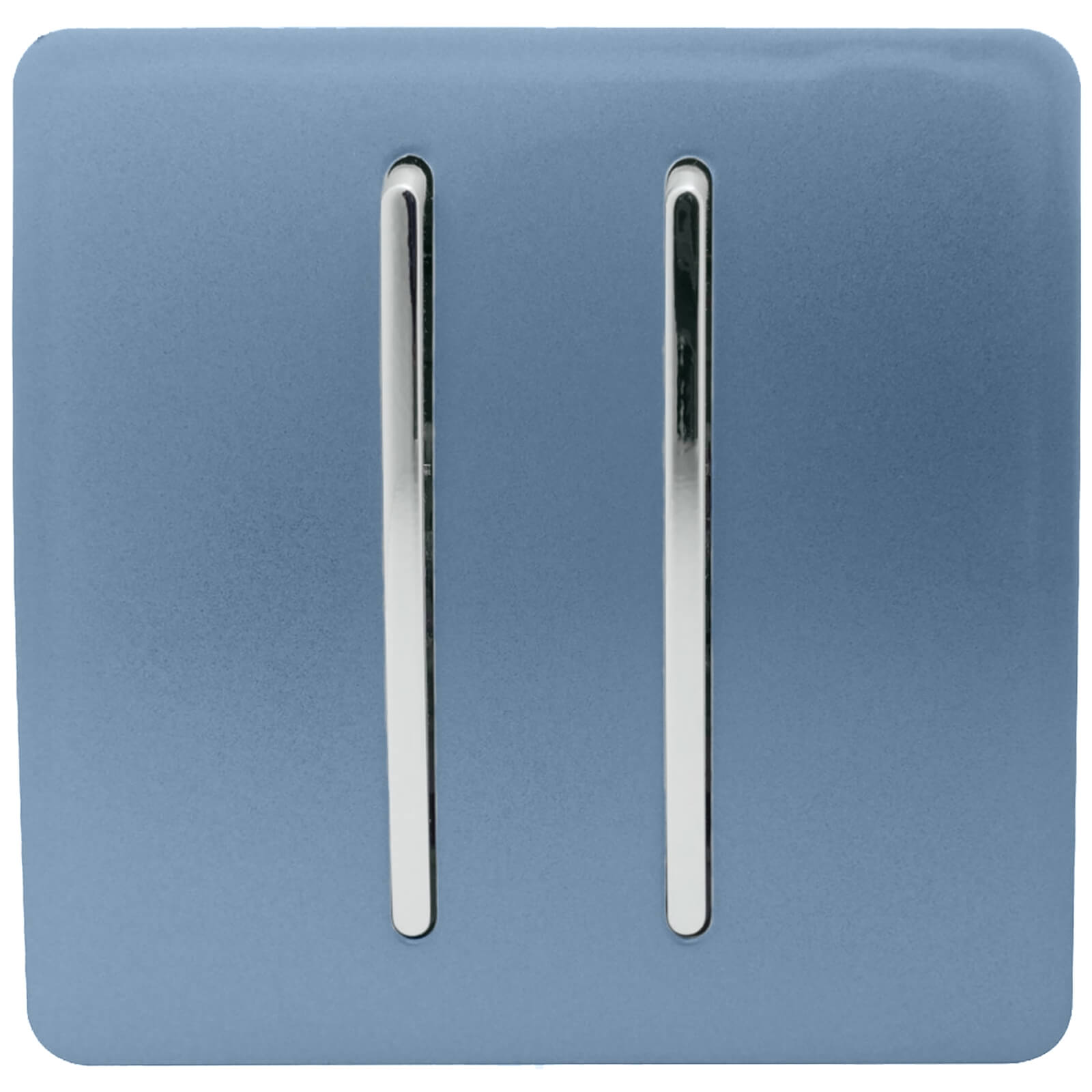 Glossy sky blue 2-gang tactile light switch featuring two sleek chrome rocker switches, designed for modern interiors with a 10 amp capacity.
