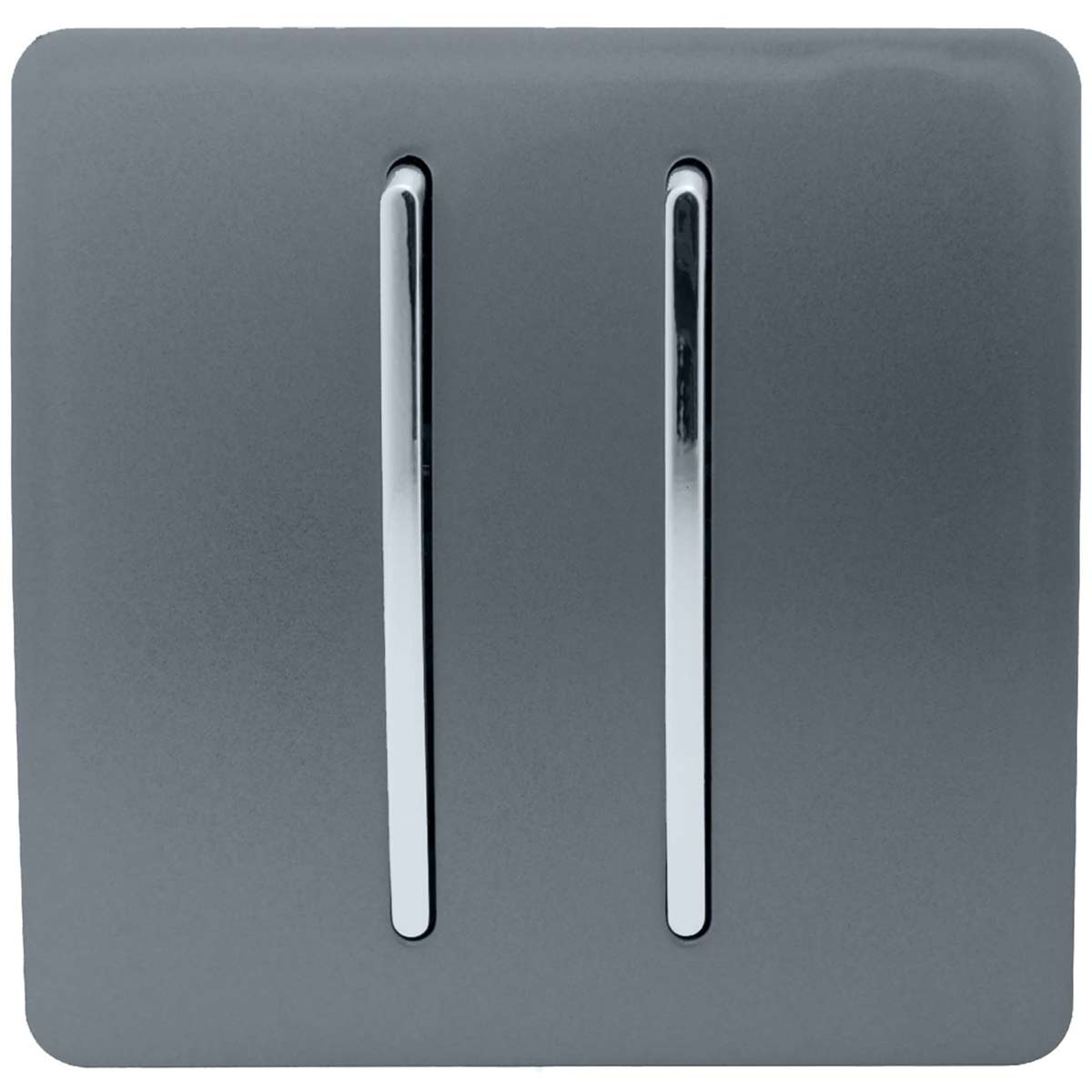 Warm grey 2-gang, 2-way light switch featuring sleek chrome toggles, designed for a modern aesthetic, suitable for 10 Amp applications.