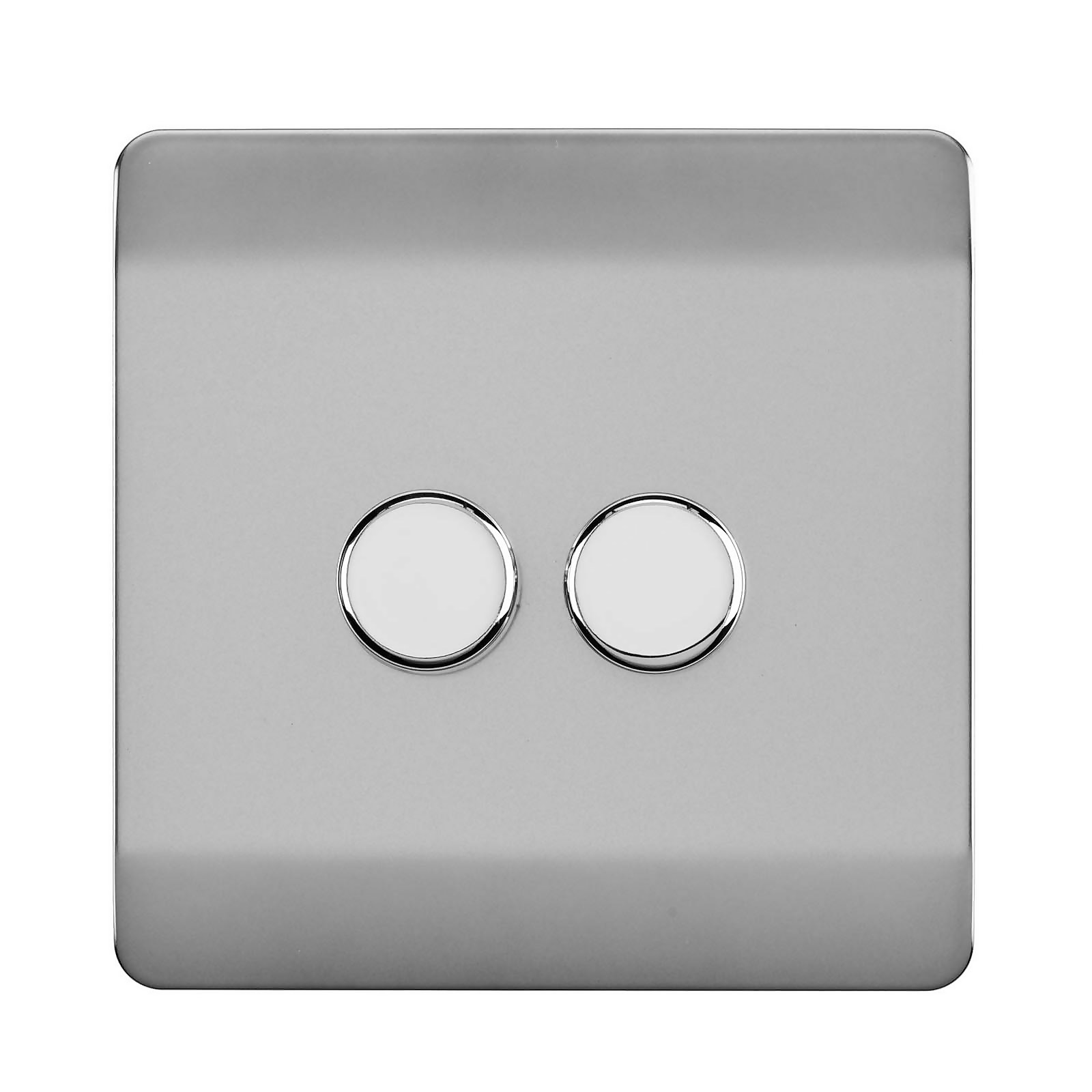 Stainless steel 2 gang LED dimmer switch featuring two circular control knobs, sleek design with a polished finish, ideal for modern lighting control.
