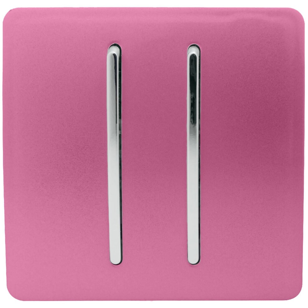 Glossy pink 2 gang rocker light switch with two silver toggle levers, designed for 10 Amp use, featuring a modern, sleek finish by Trendi Switch.