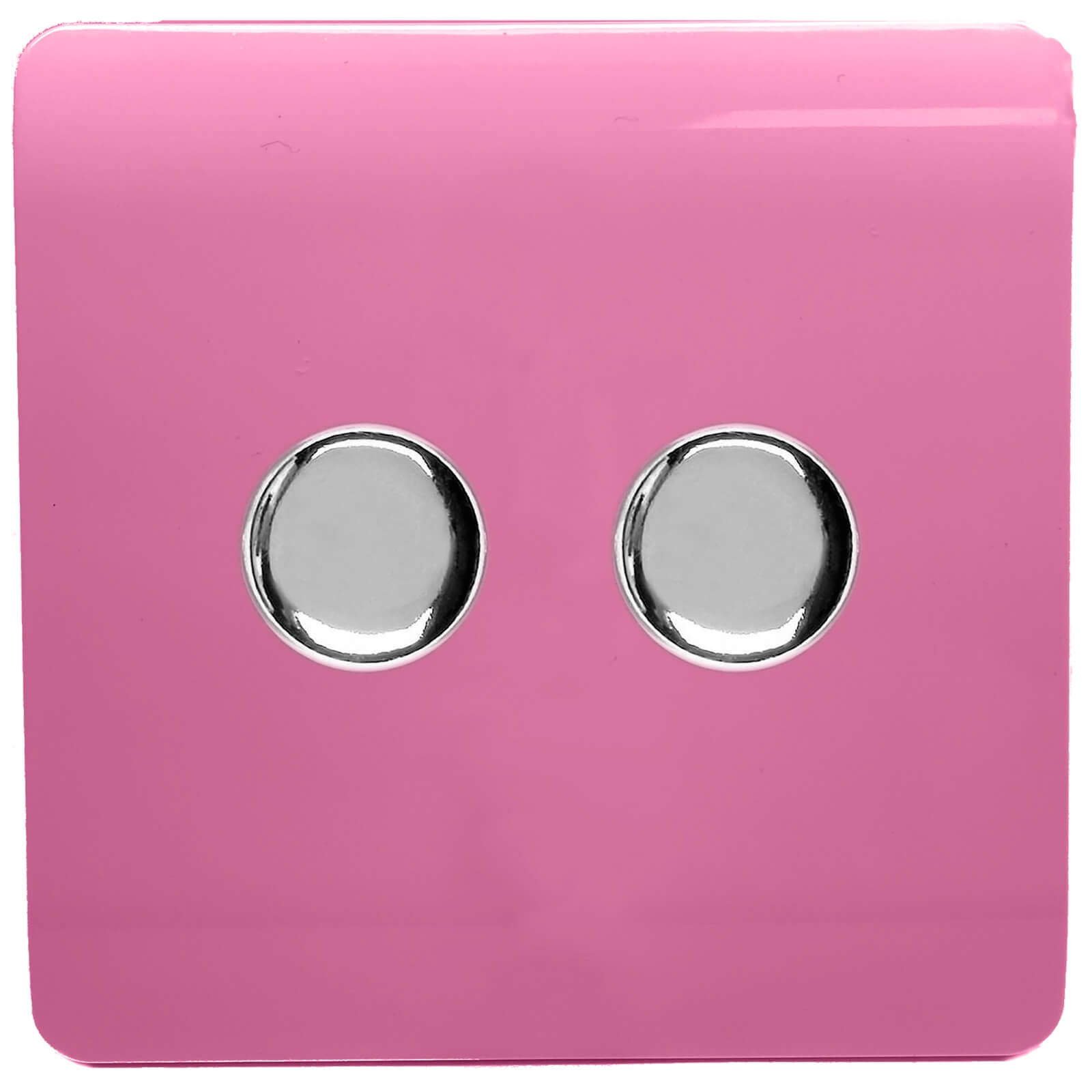 Pink LED dimmer switch with two circular chrome buttons, featuring a sleek, glossy finish and a modern design, suitable for controlling lighting.