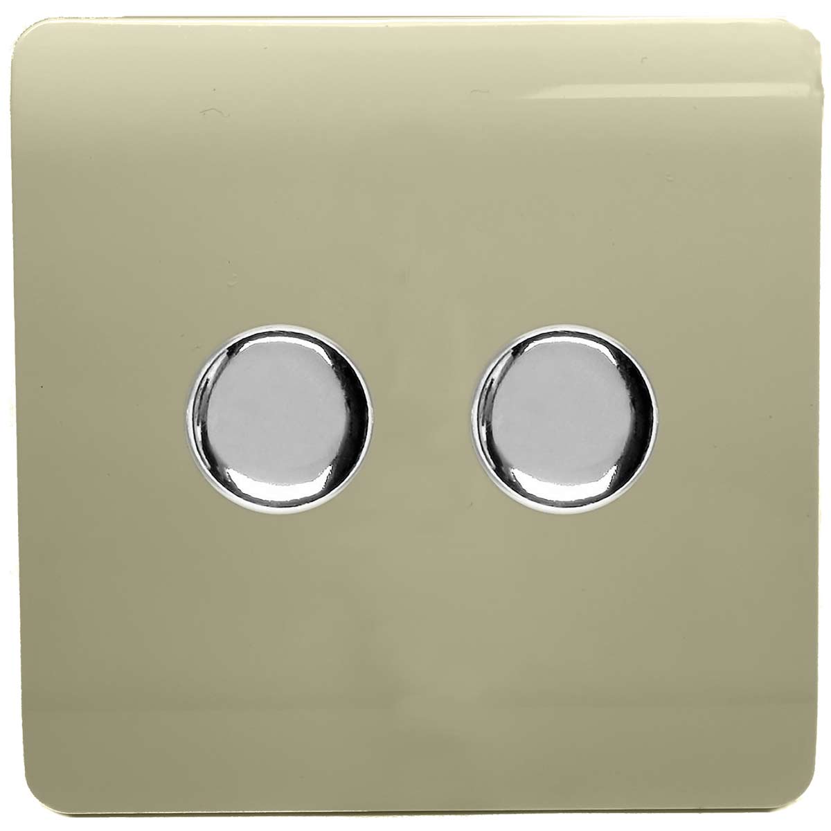 Gold 2 gang LED dimmer switch with a glossy finish, featuring two circular chrome buttons for adjusting light levels.