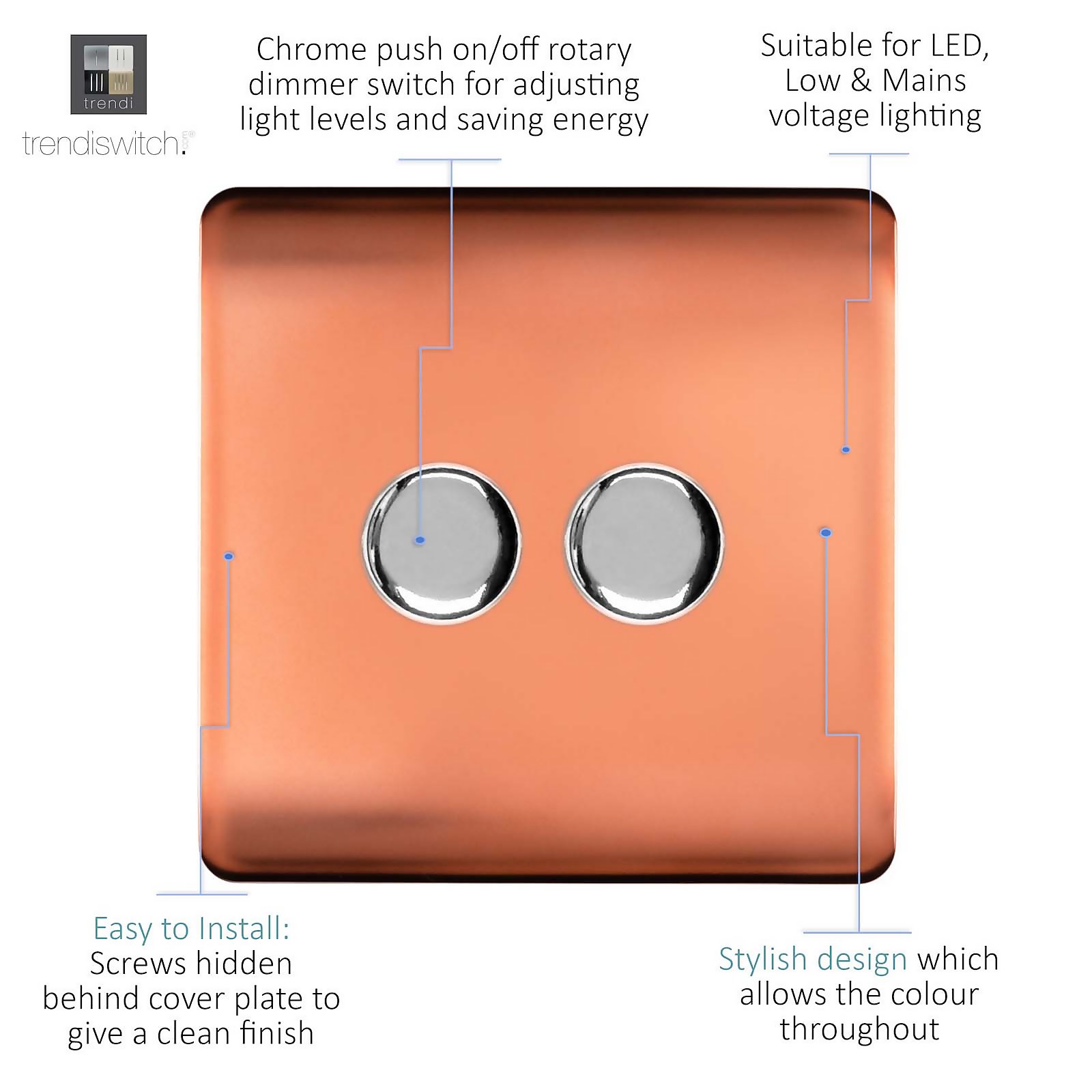 Trendi Switch 2 Gang 10amp Copper Rotary LED Dimmer Light Switch - image 2