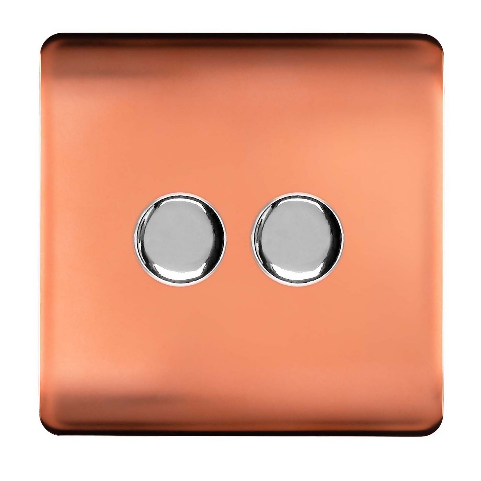 Copper 2 gang LED dimmer switch featuring a sleek, glossy finish with two circular chrome buttons for easy control.
