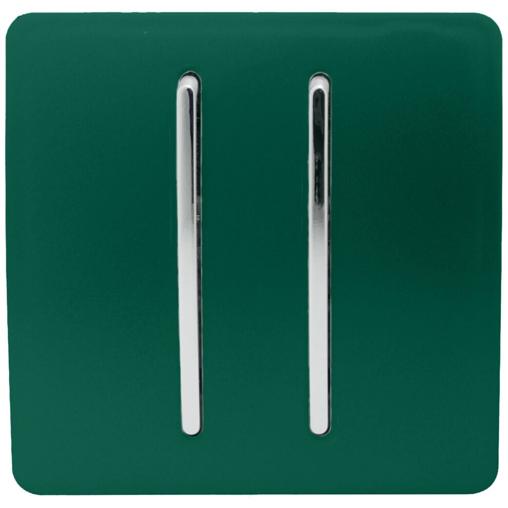 Glossy dark green 2 gang rocker light switch with two chrome levers, designed for 10 Amp use, featuring a sleek and modern finish.