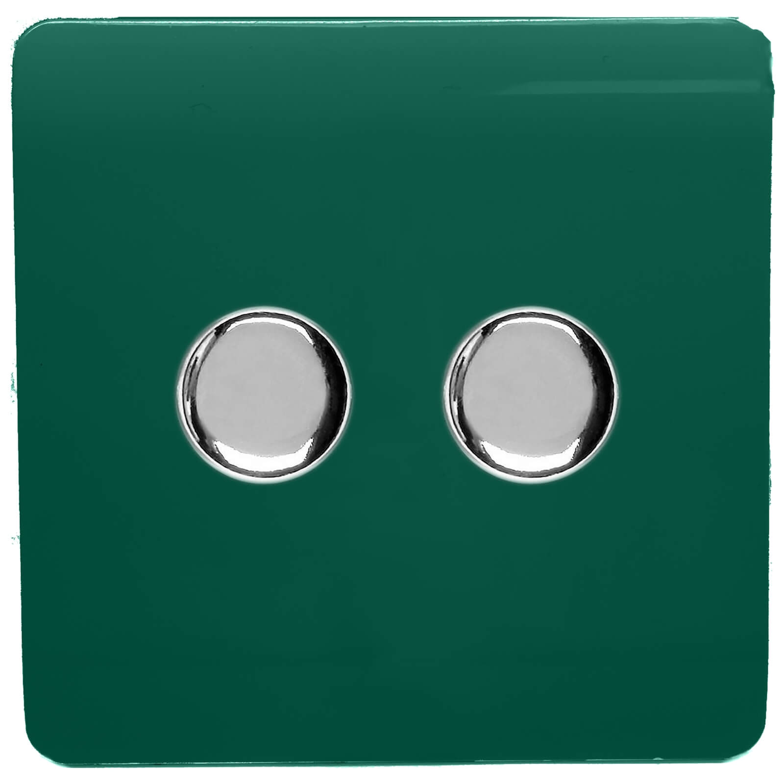 Glossy dark green tactile dimmer switch with two chrome circular buttons, designed for modern interiors, featuring a sleek and artistic appearance.