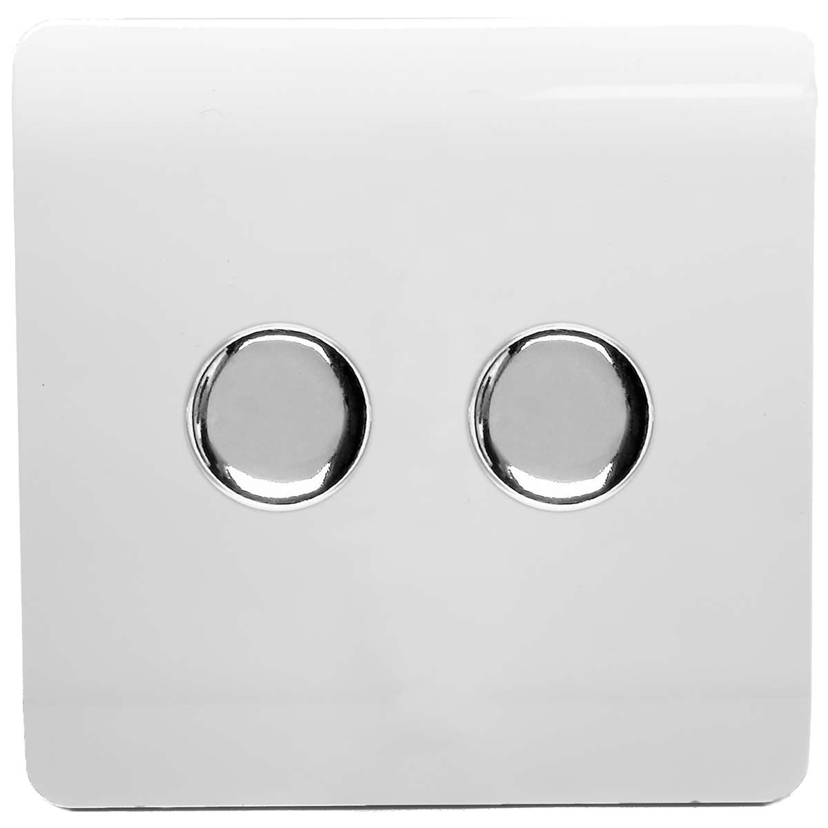 White Trendi 2 Gang LED dimmer switch featuring two circular chrome knobs on a sleek white plastic panel.