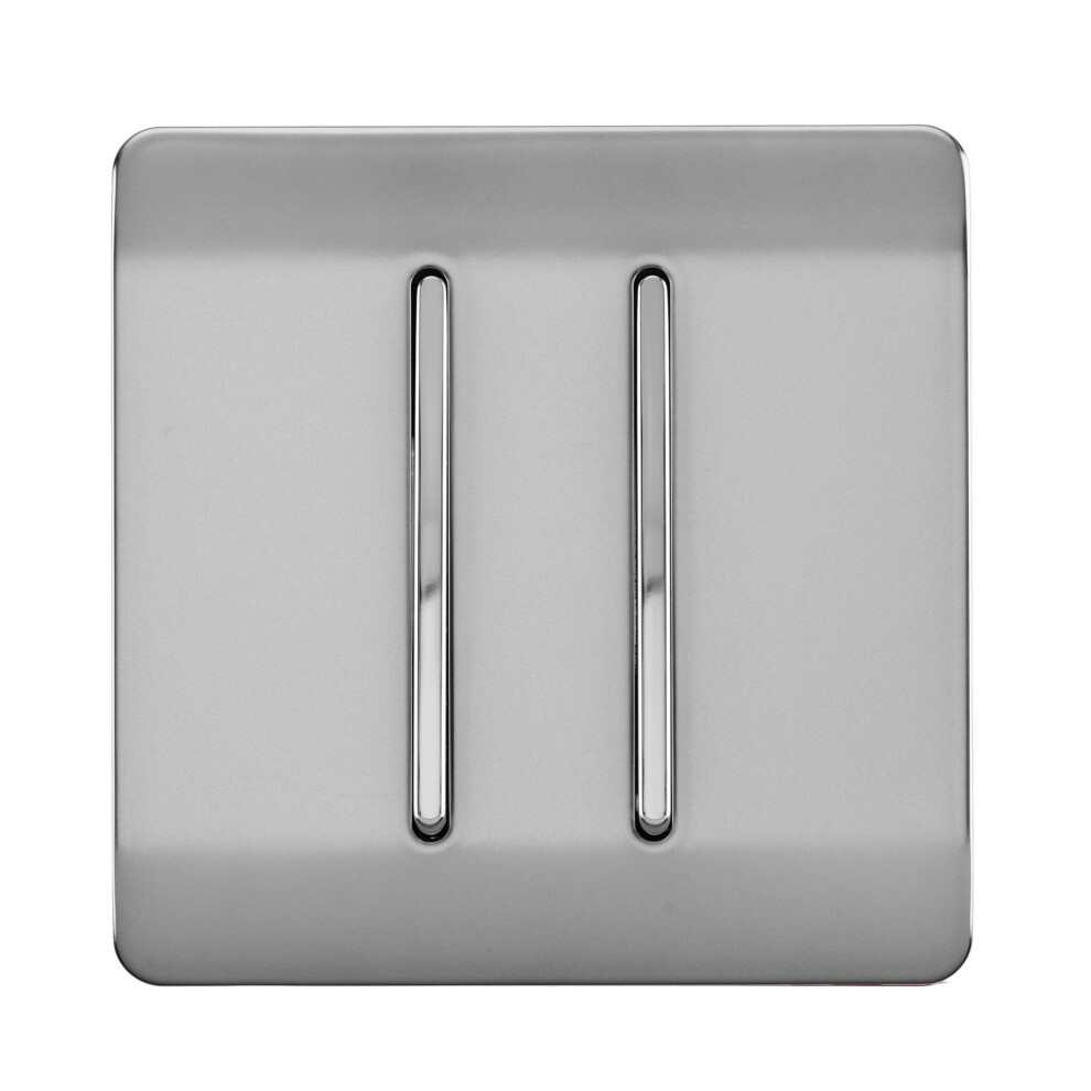 Glossy stainless steel 2 gang rocker light switch with two vertical switches, designed for 3-way intermediate use, featuring a modern artistic style.