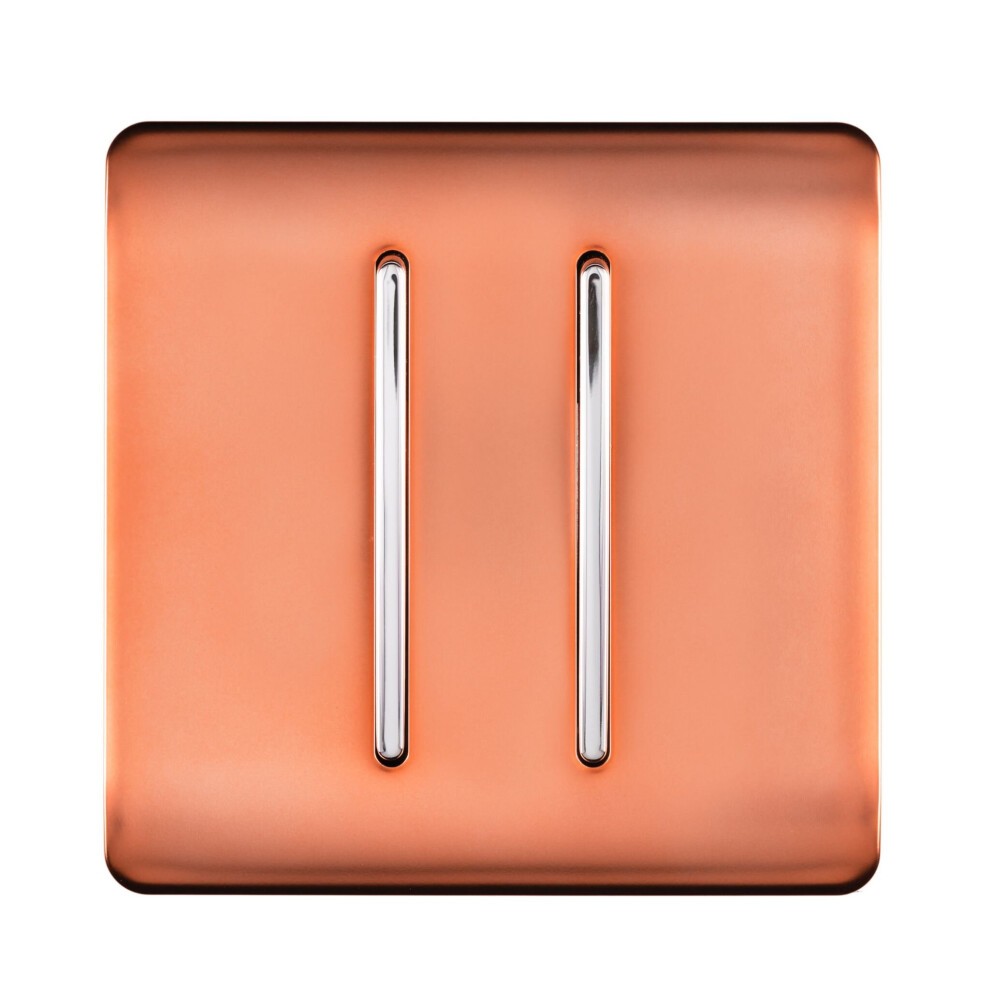 Glossy copper 2 gang 3 way intermediate rocker light switch with two sleek chrome levers, designed for modern interiors, rated at 10 amps.