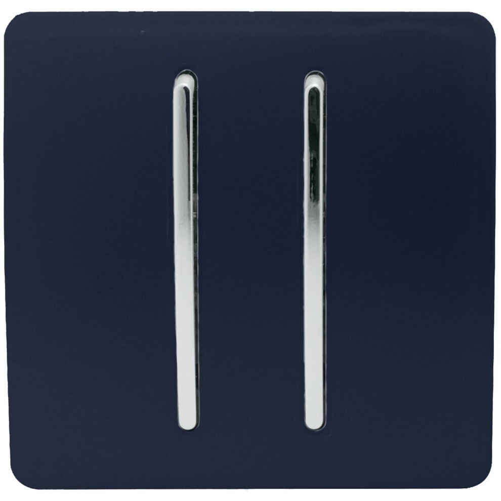 Navy glossy 2 gang 3 way intermediate rocker light switch with two sleek chrome levers, designed for modern aesthetics and functionality.