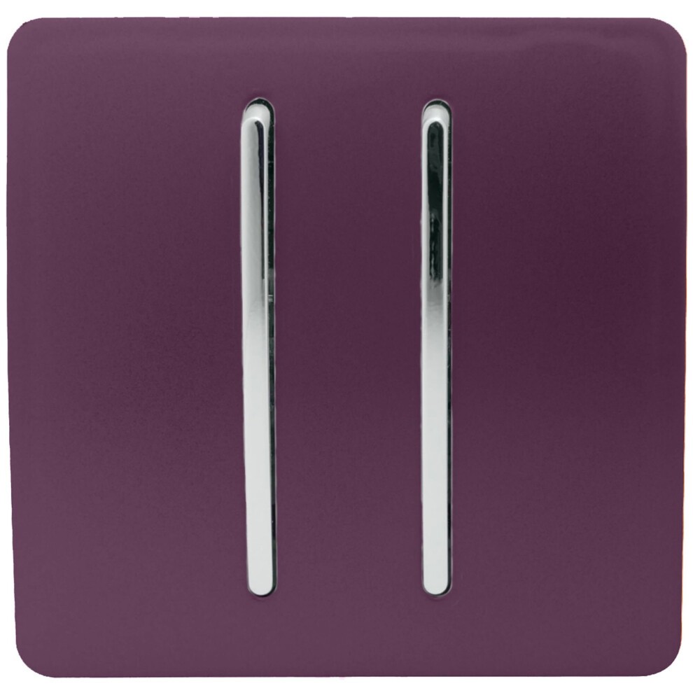 Glossy plum 2 gang 3 way intermediate rocker light switch with two sleek chrome toggles, designed for modern interiors, by Trendi Switch.