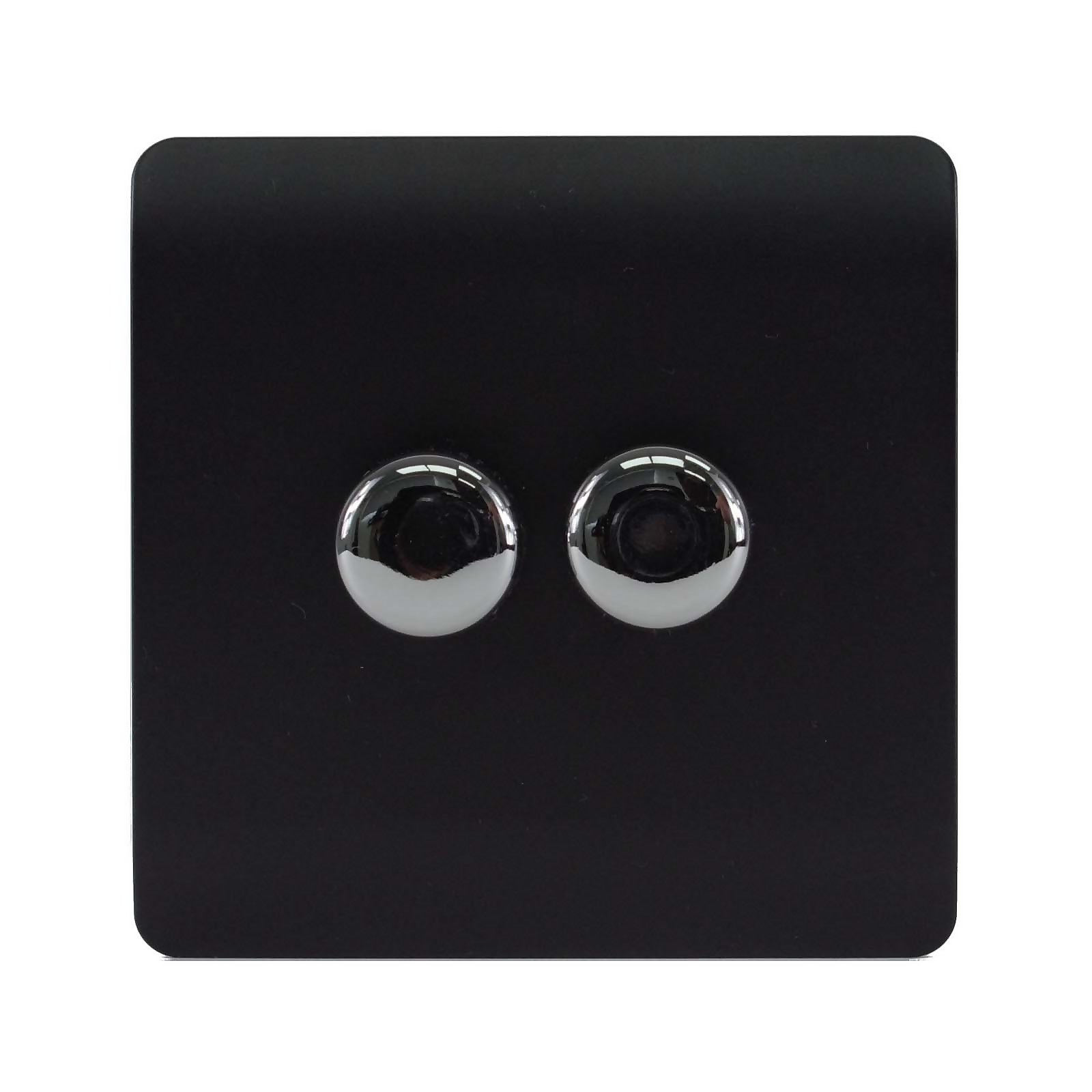 Matt black LED dimmer switch with two chrome circular knobs, designed for modern interiors, featuring a sleek and minimalist aesthetic.